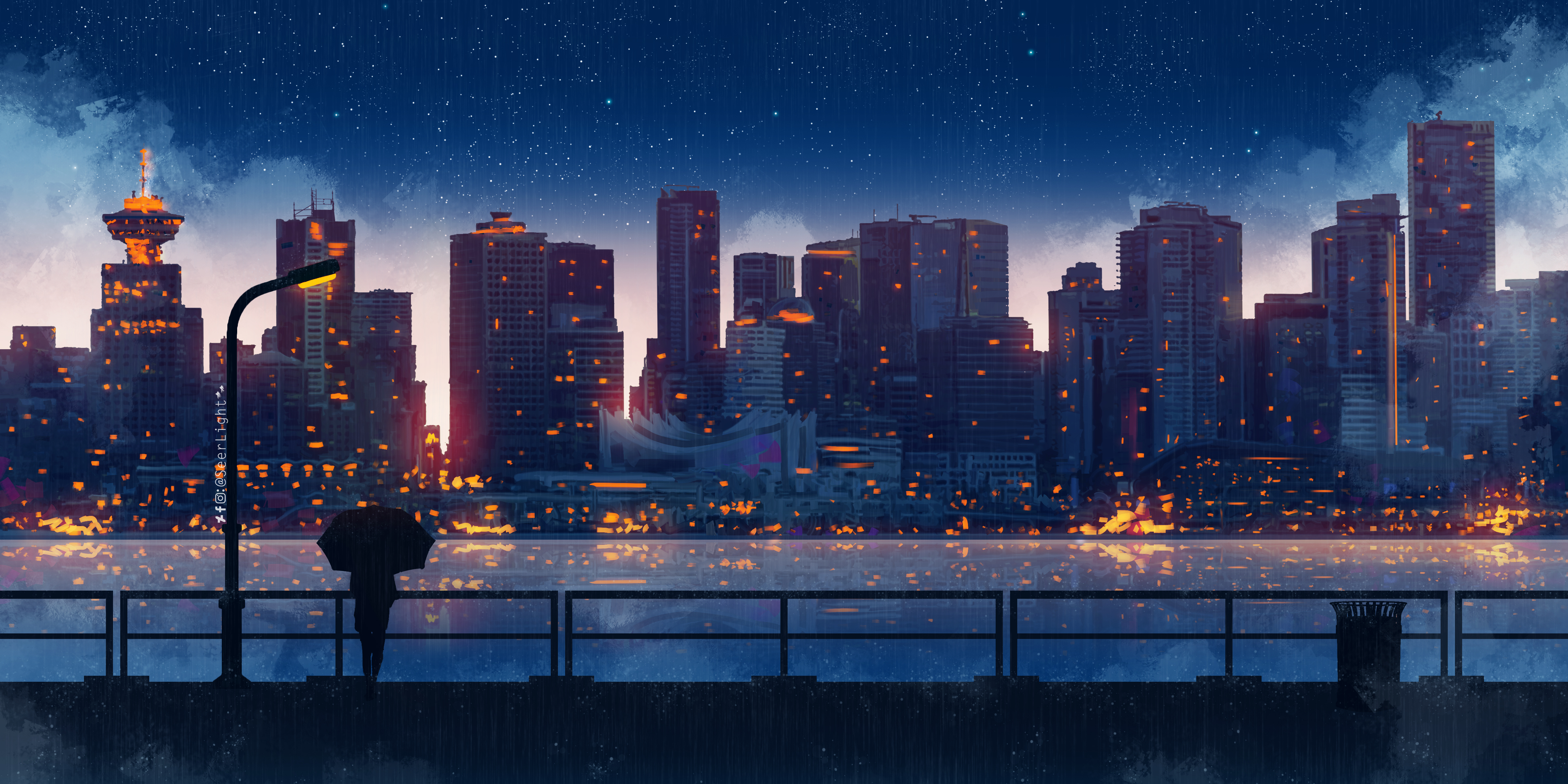 Anime City Building Women Umbrella Night Painting Digital Art SeerLight Cityscape Stars Solice 4800x2400