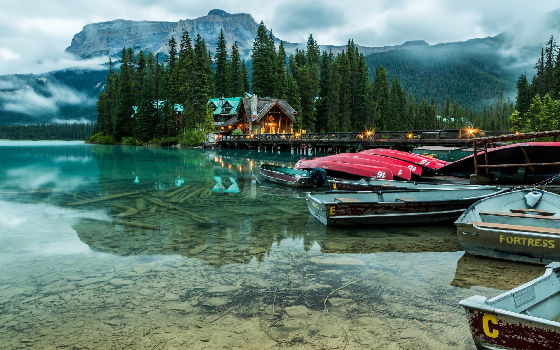 Nature Landscape Lake Hotel Banff National Park Boat Canoes Trees Mountains Mist Forest Water 1920x1200