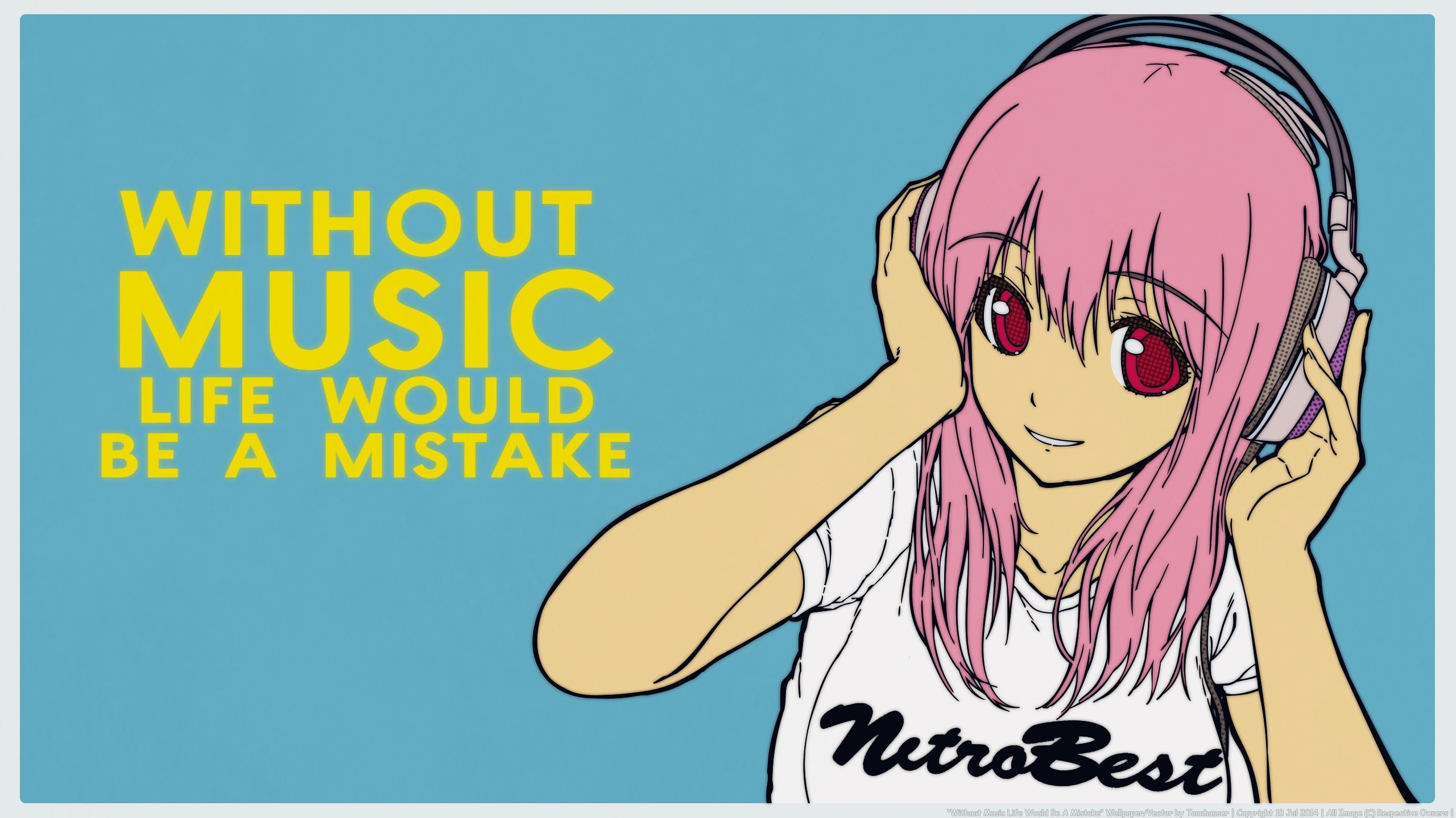 Music Super Sonico Headphones Anime Girls Pink Hair Text Halftone Pattern 2560x1440