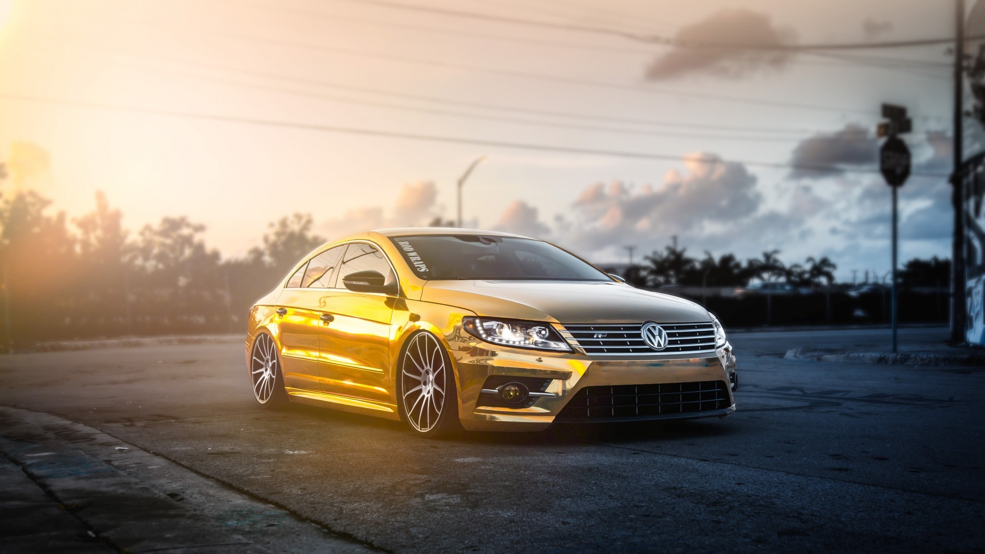 Gold Volkswagen Car Sun Rays Volkswagen CC Yellow Cars Front Angle View 1920x1080