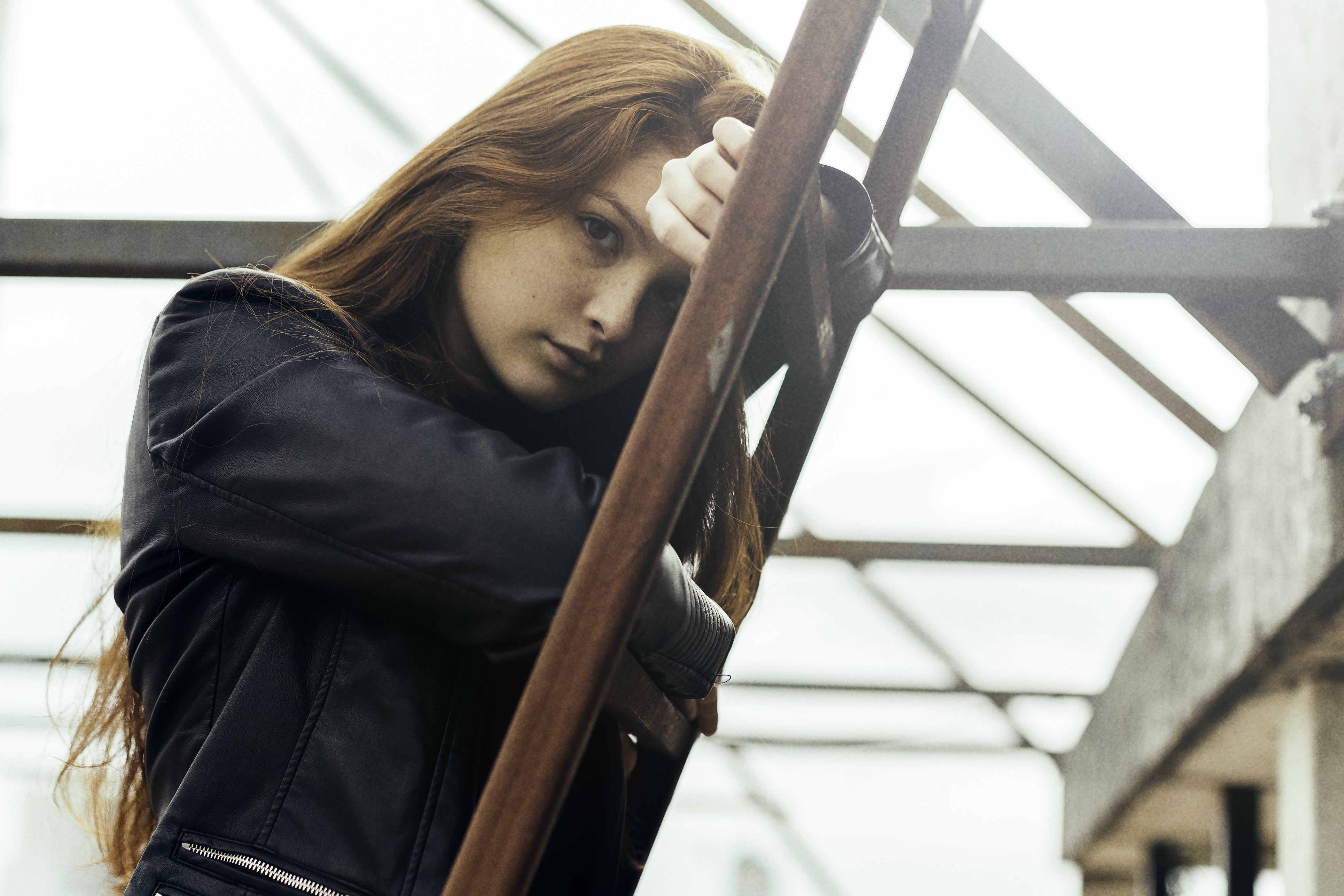 Redhead Ladders Long Hair Looking At Viewer Leather Jackets Women 4204x2803
