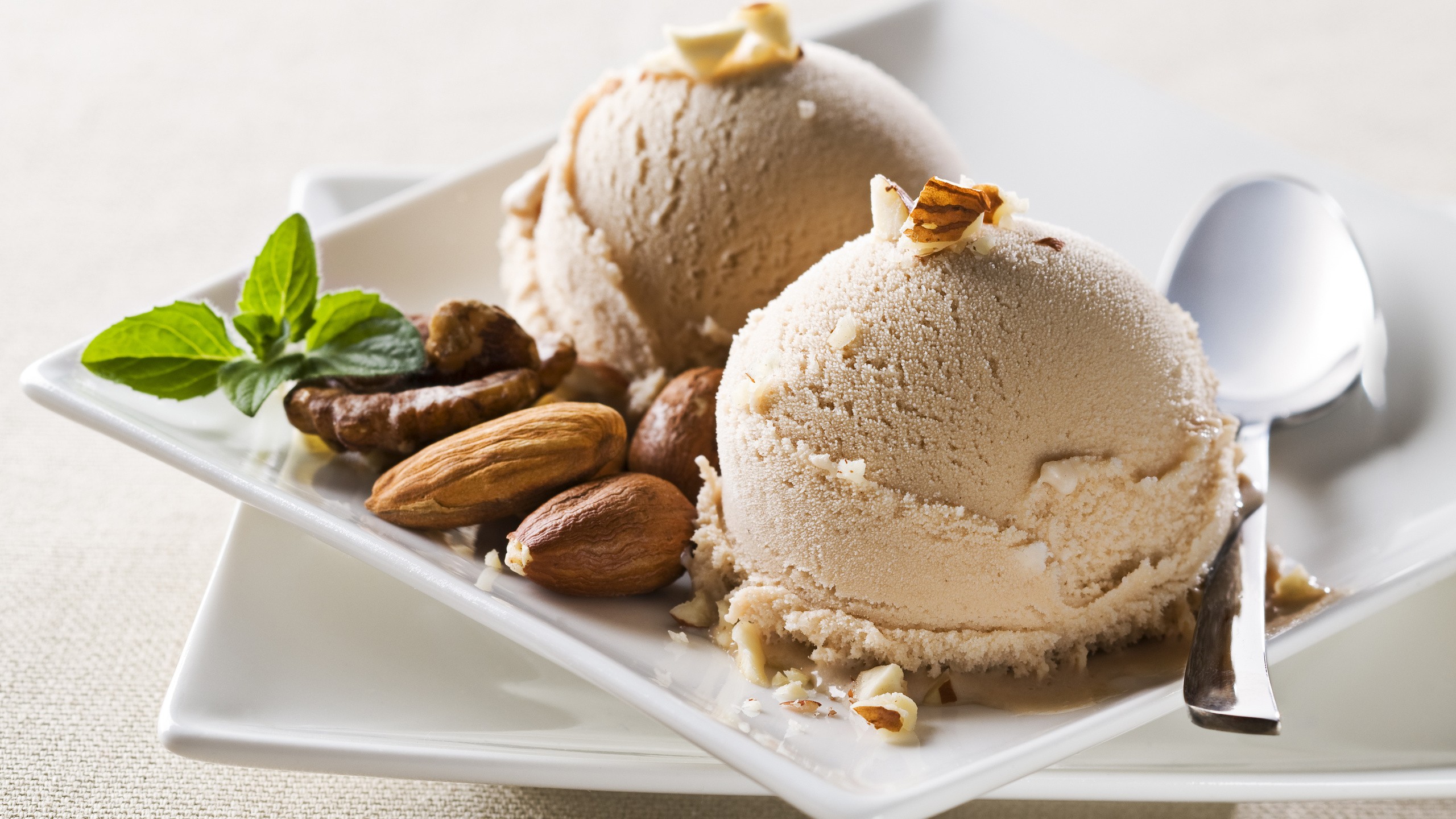 Food Ice Cream Dessert Nuts Spoons Walnuts 2560x1440