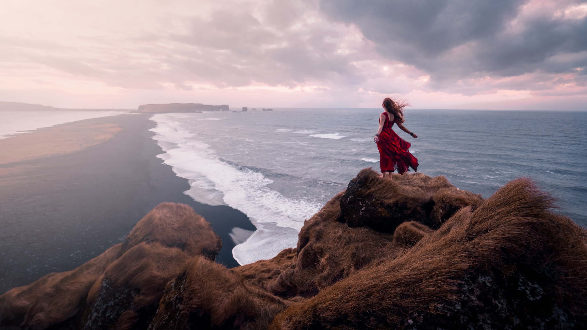 Nature Landscape Women Long Hair Red Dress Cliff Sea Waves Coast Clouds Windy Women Outdoors Redhead 2048x1152