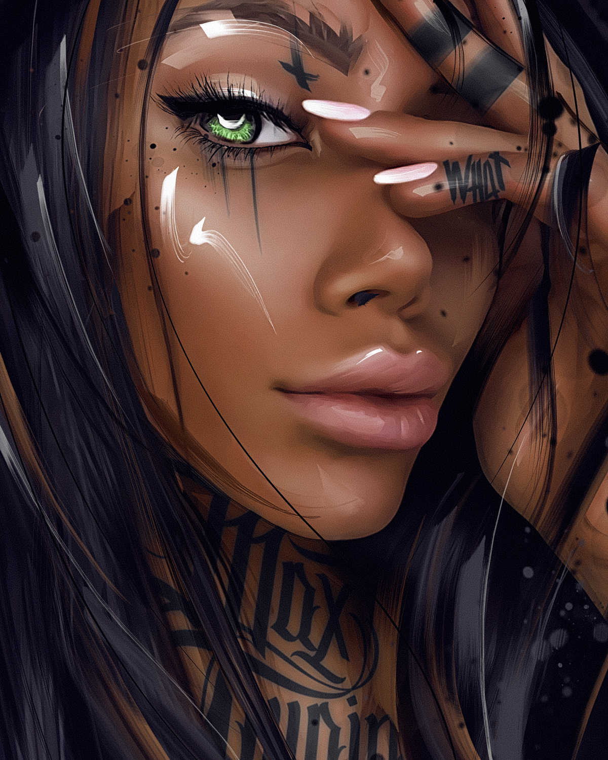 Women Black Hair Looking At Viewer Portrait Green Eyes Artwork Digital Art Painting Digital Painting 1200x1500