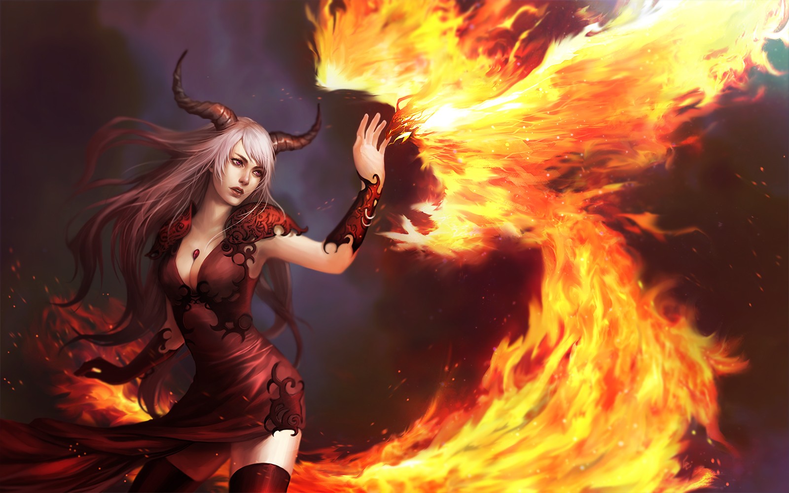 Phoenix Fire Women Demoness Grey Hair Horns Magic Fantasy Girl Fantasy Art 1600x1000