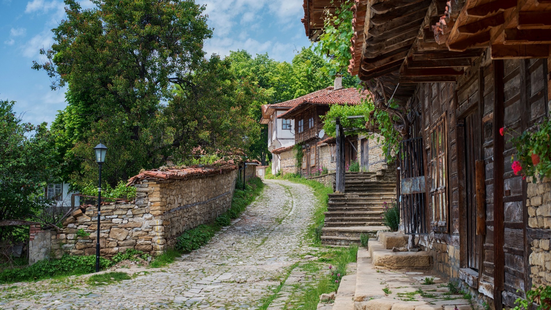 Architecture Building Bulgaria Village House Path Stairs Trees Stones Clouds Rooftops Street Light 1920x1080
