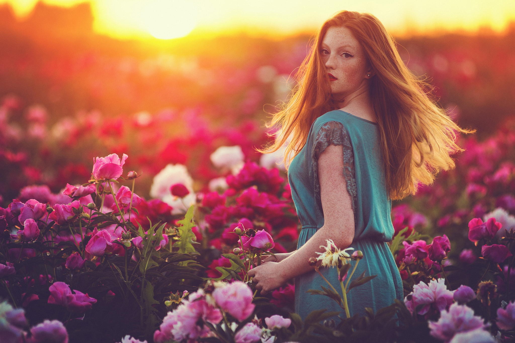 Photography Women Model Looking At Viewer Flowers Sunlight Redhead Purple Flowers Red Flowers White  2048x1363