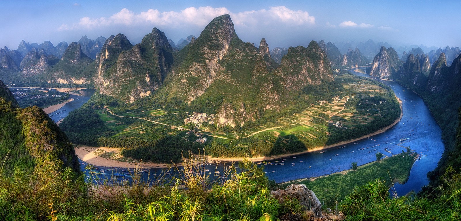 Panoramas River Mountains Villages China Field Road Boat Nature Landscape Shrubs Clouds Sunset Water 1600x768