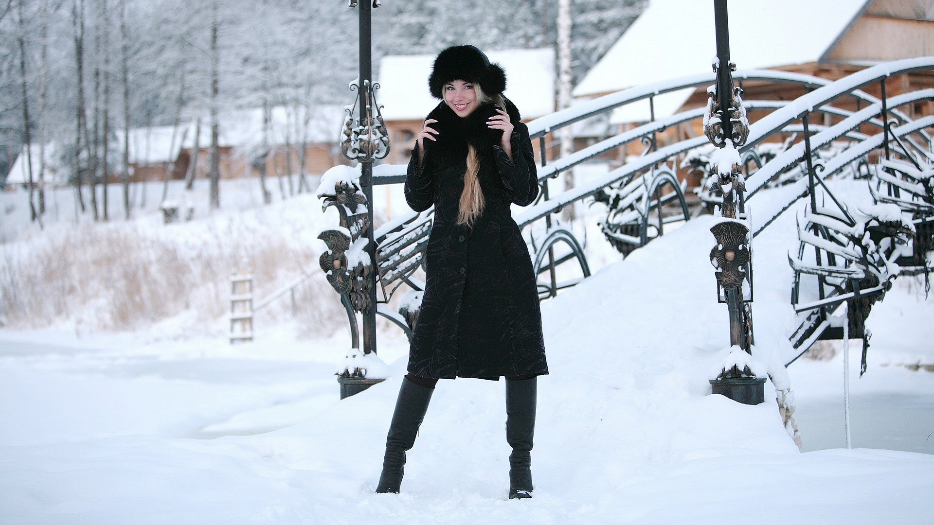 Women Model Snow Winter Leather Boots Blonde Smiling Long Hair Bridge Hat Fur Cap Black Coat Knee Hi 1920x1080