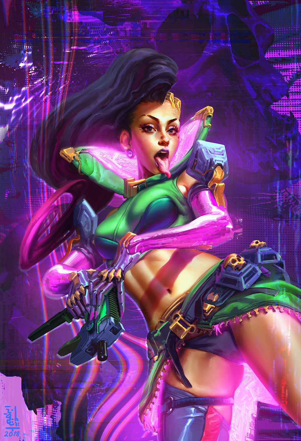 Ibrahem Swaid Overwatch Brunette Neon Hackers Tech Women Sombra Overwatch Tongue Out 1000x1464