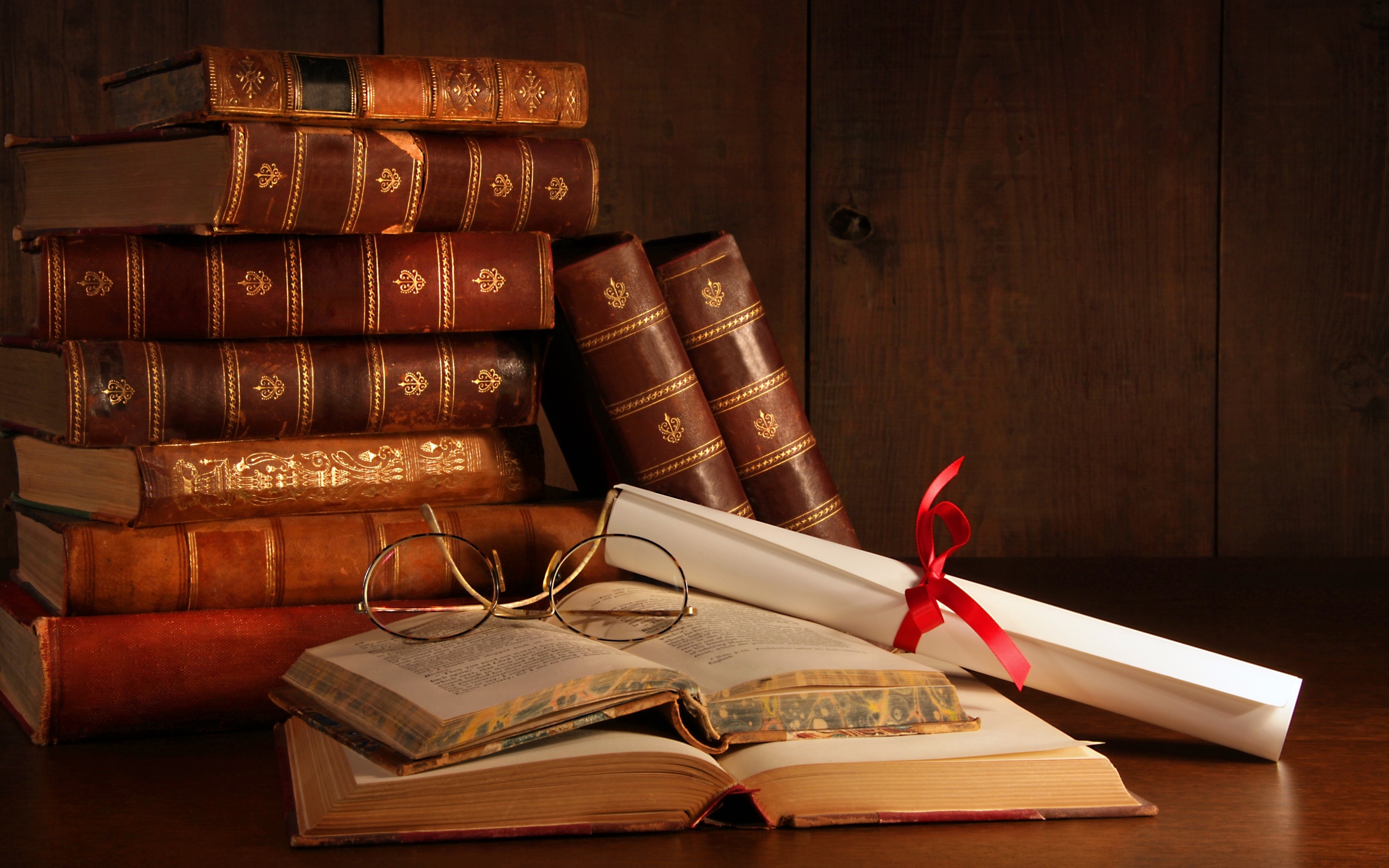 Books Glasses Scrolls Ribbon 2560x1600