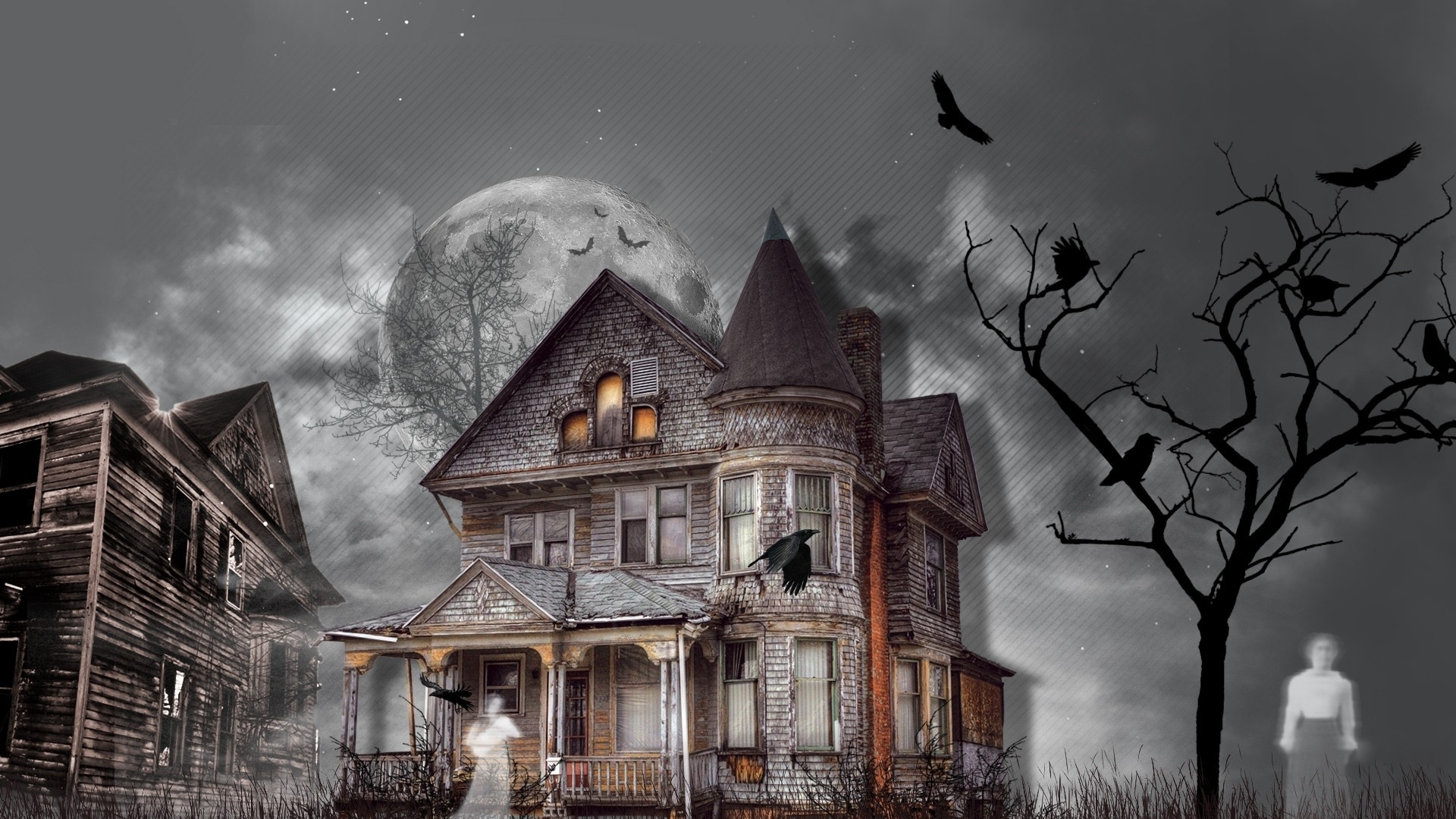 Holiday Halloween Haunted House Tree Raven Ghost 1920x1080