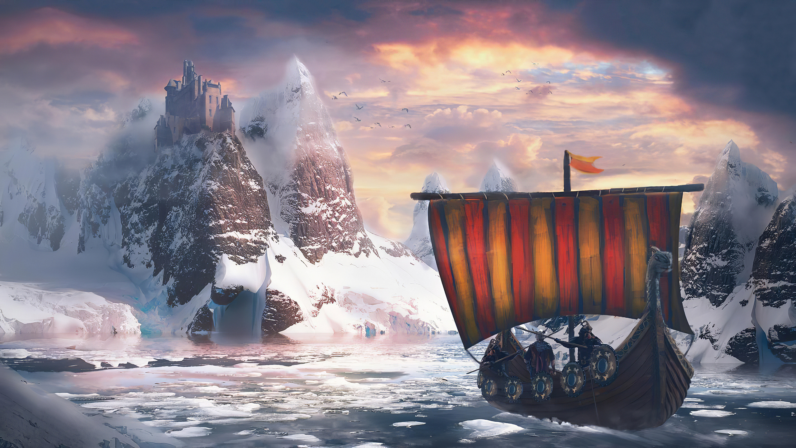 Digital Art Drakkar Vikings Castle Snow Cold Ice Water Rocks Mountains 2560x1440