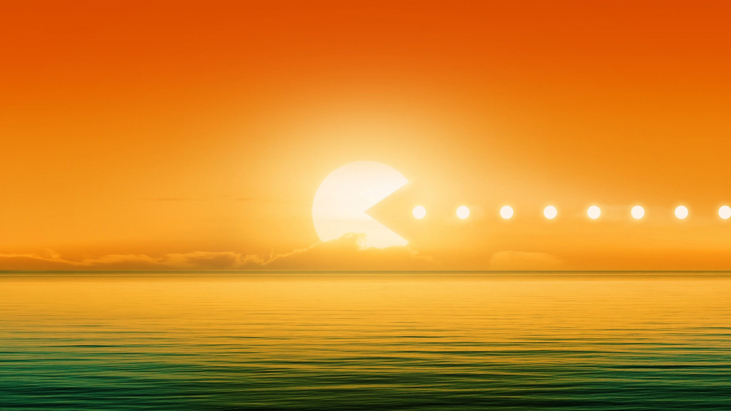 Pacman Sea Sun Abstract Clouds Digital Art Video Games 2560x1440