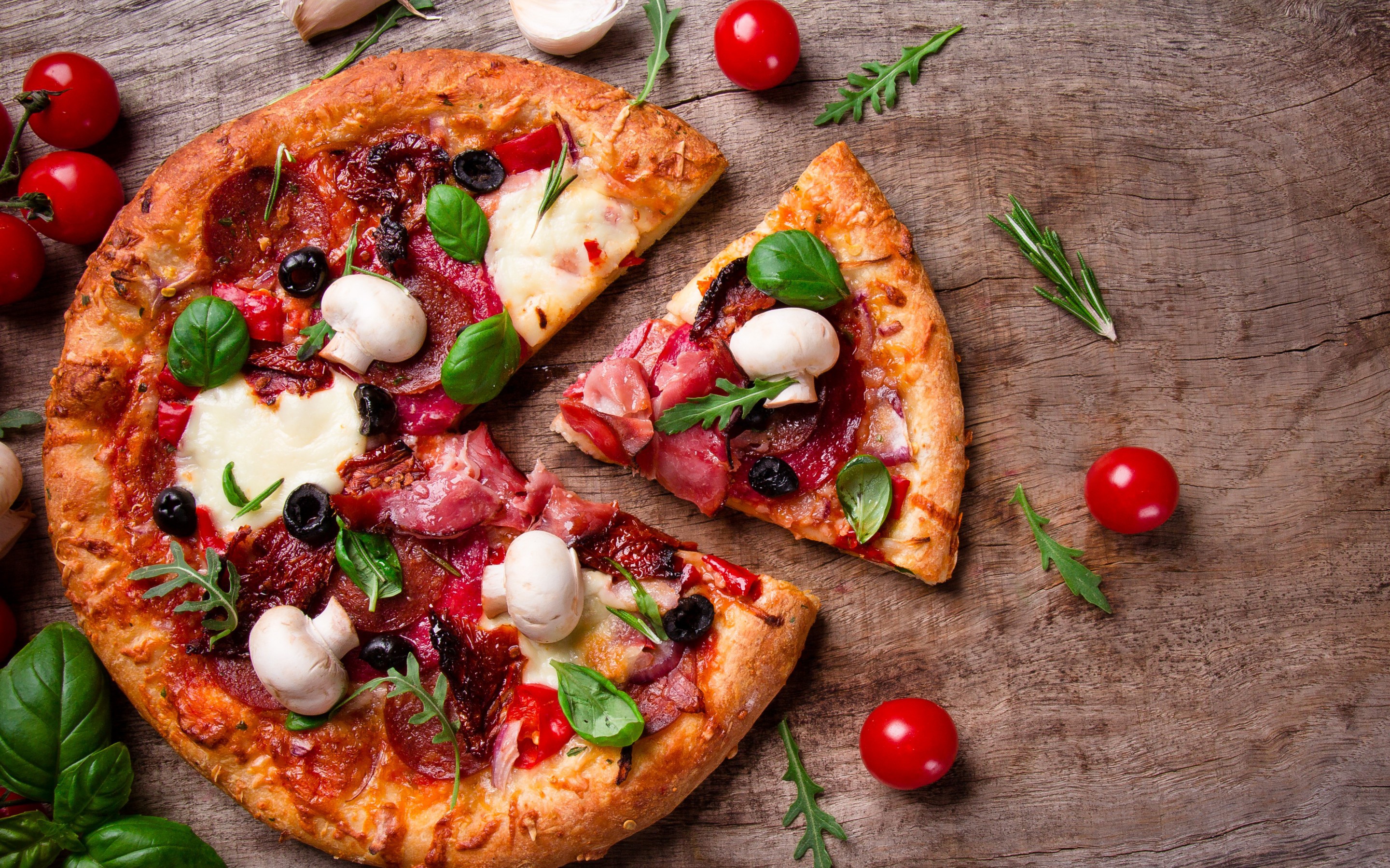 Food Pizza Tomatoes Leaves Top View Basil Rosemary Mushroom Olives Wooden Surface 2880x1800