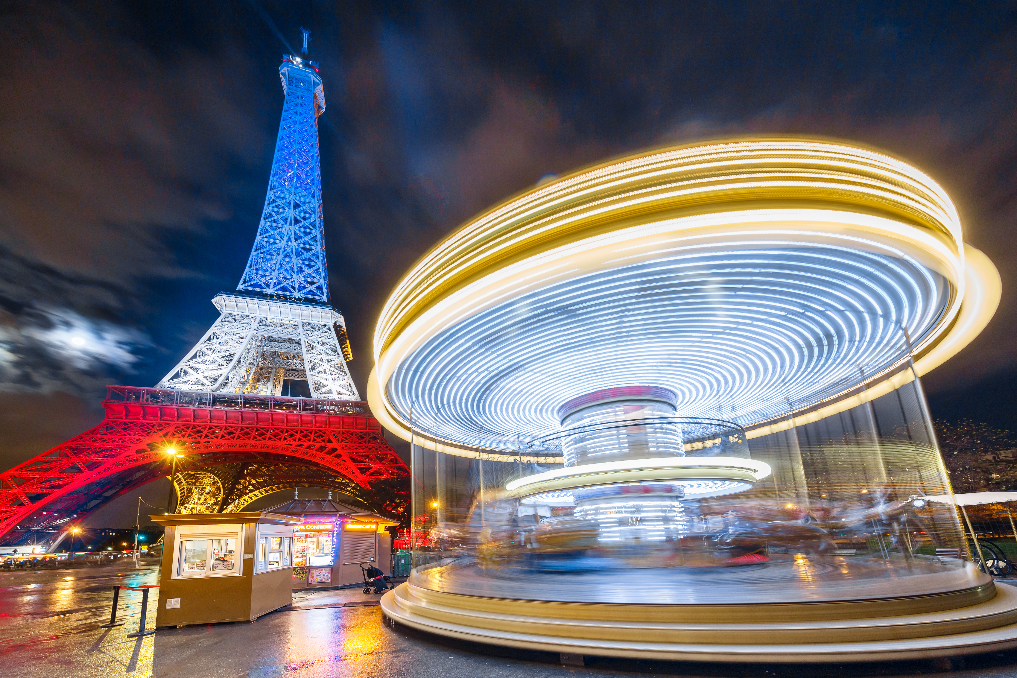 Eiffel Tower Night Time Lapse Carrousel Paris French Flag Light 3399x2266