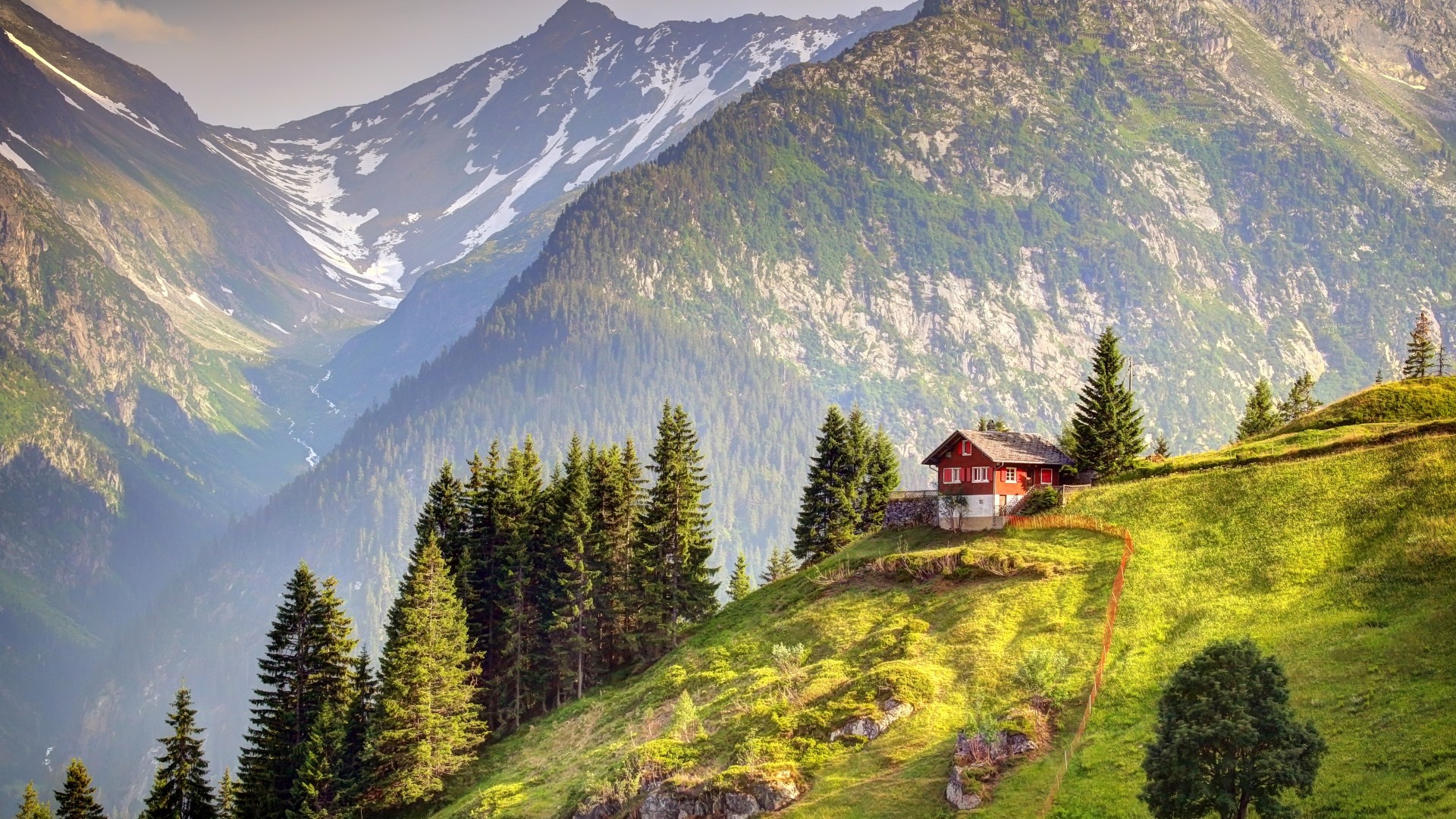 Landscape Mountains Cottage Swiss Alps Pine Trees 1920x1080