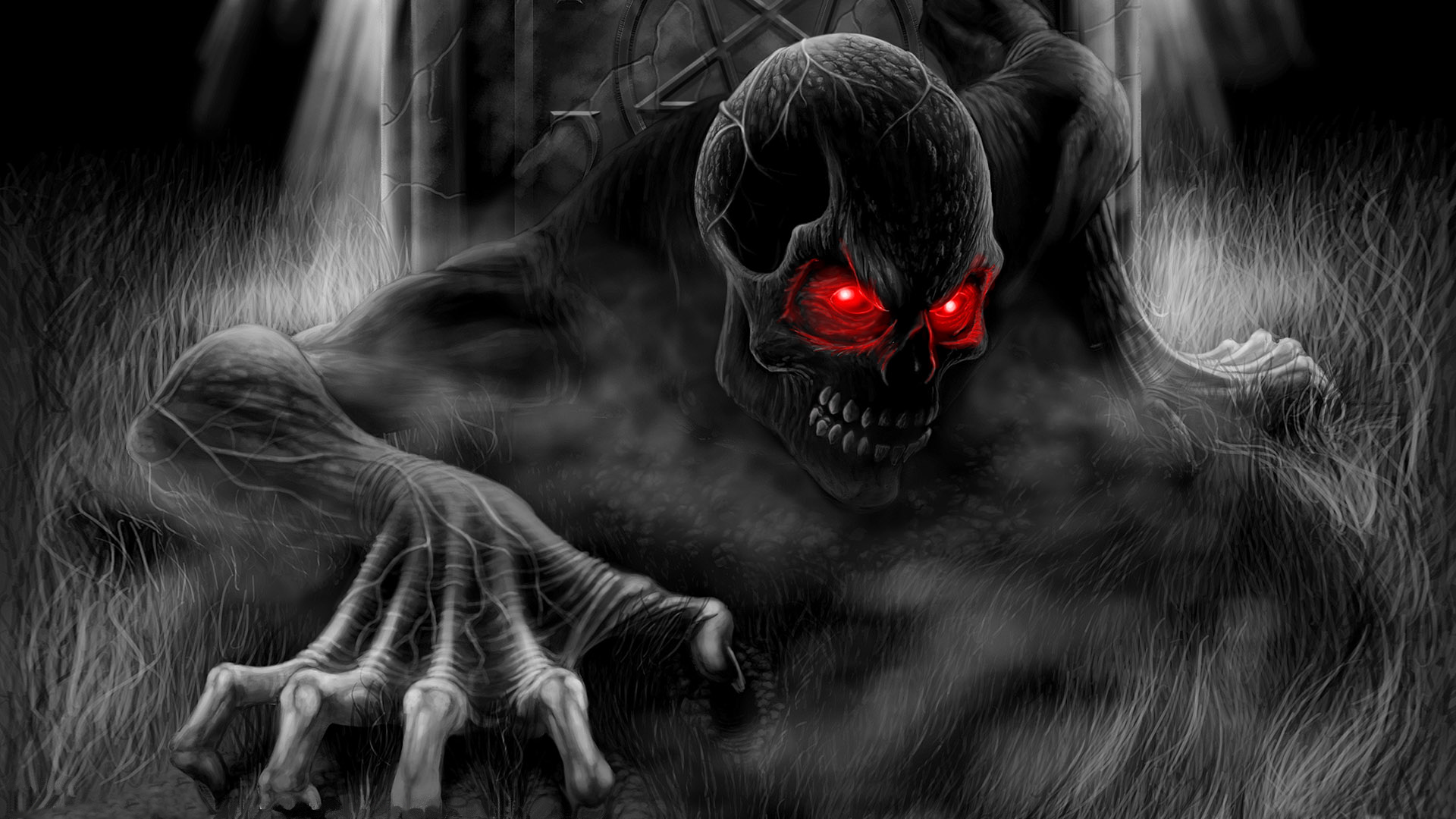 Ghosts Fantasy Art Selective Coloring Skull Red Eyes Glowing Eyes Digital Art Creature Dark Fantasy 1920x1080