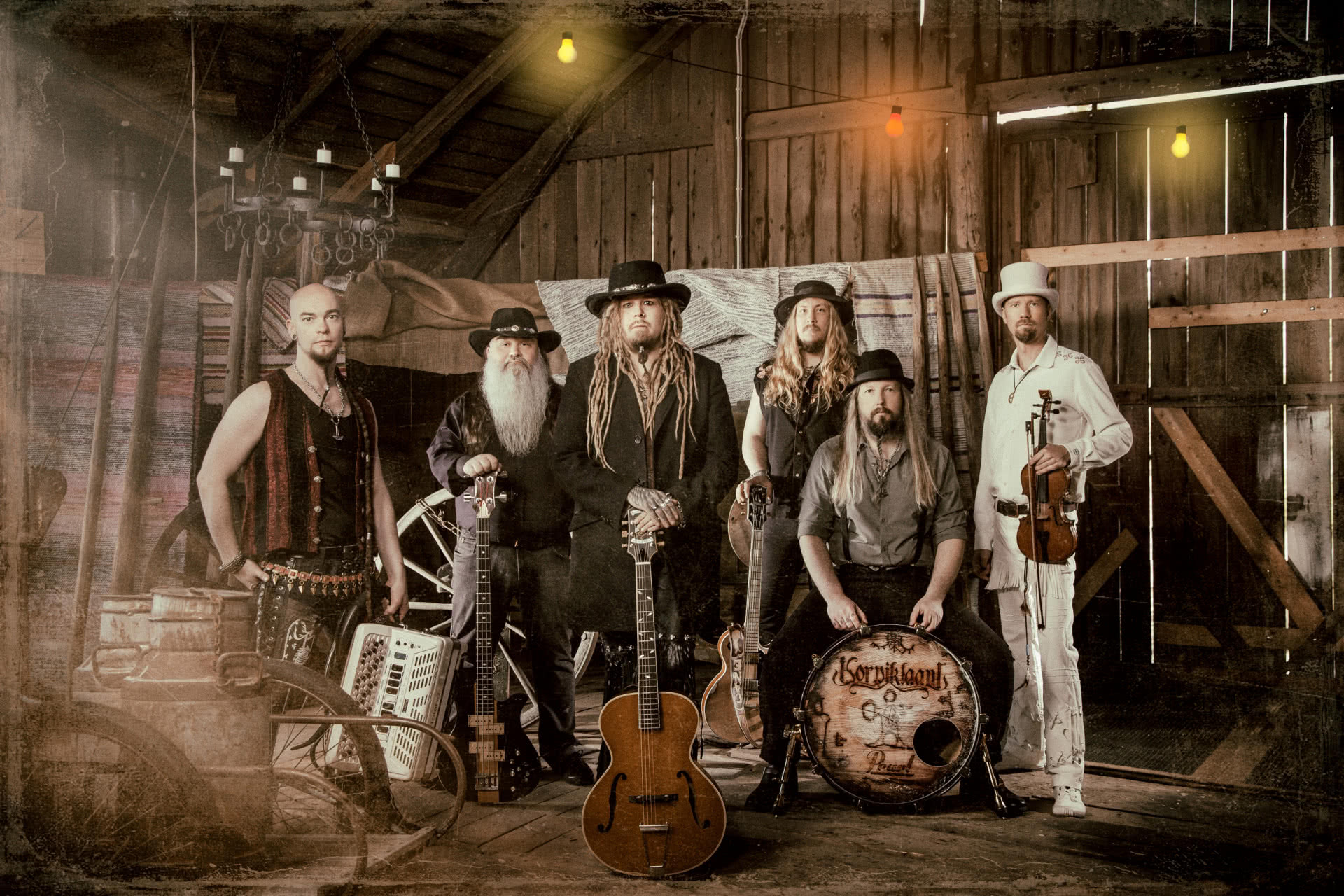 Music Band Photo Manipulation Korpiklaani Finland Film Grain Men Musical Instrument Beards Folk Meta 1920x1280