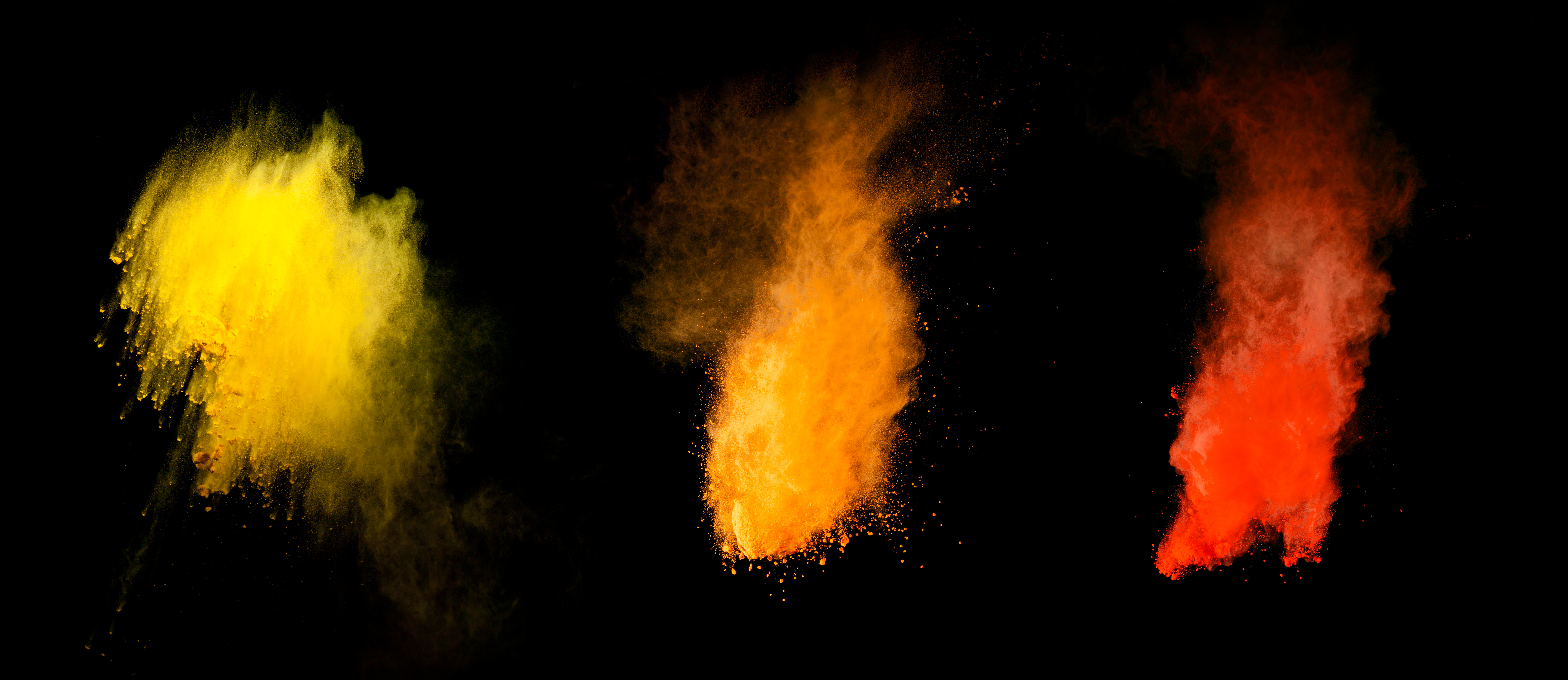 Powder Explosion Powder Black Background Colorful Yellow Orange Red 9449x4097