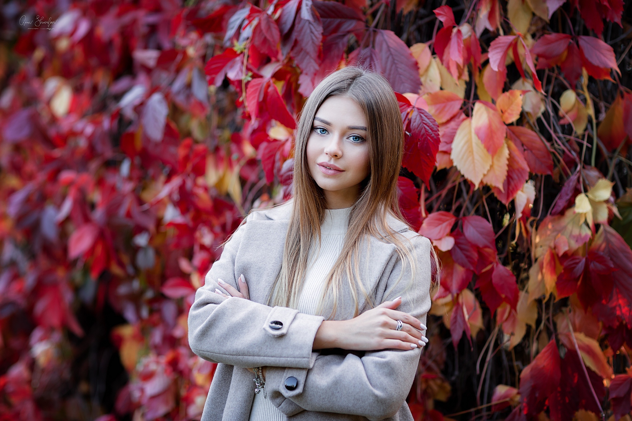 Women Model Fall Plants Leaves Women Outdoors Polina Kostyuk Coats Grey Coat Open Coat White 3498