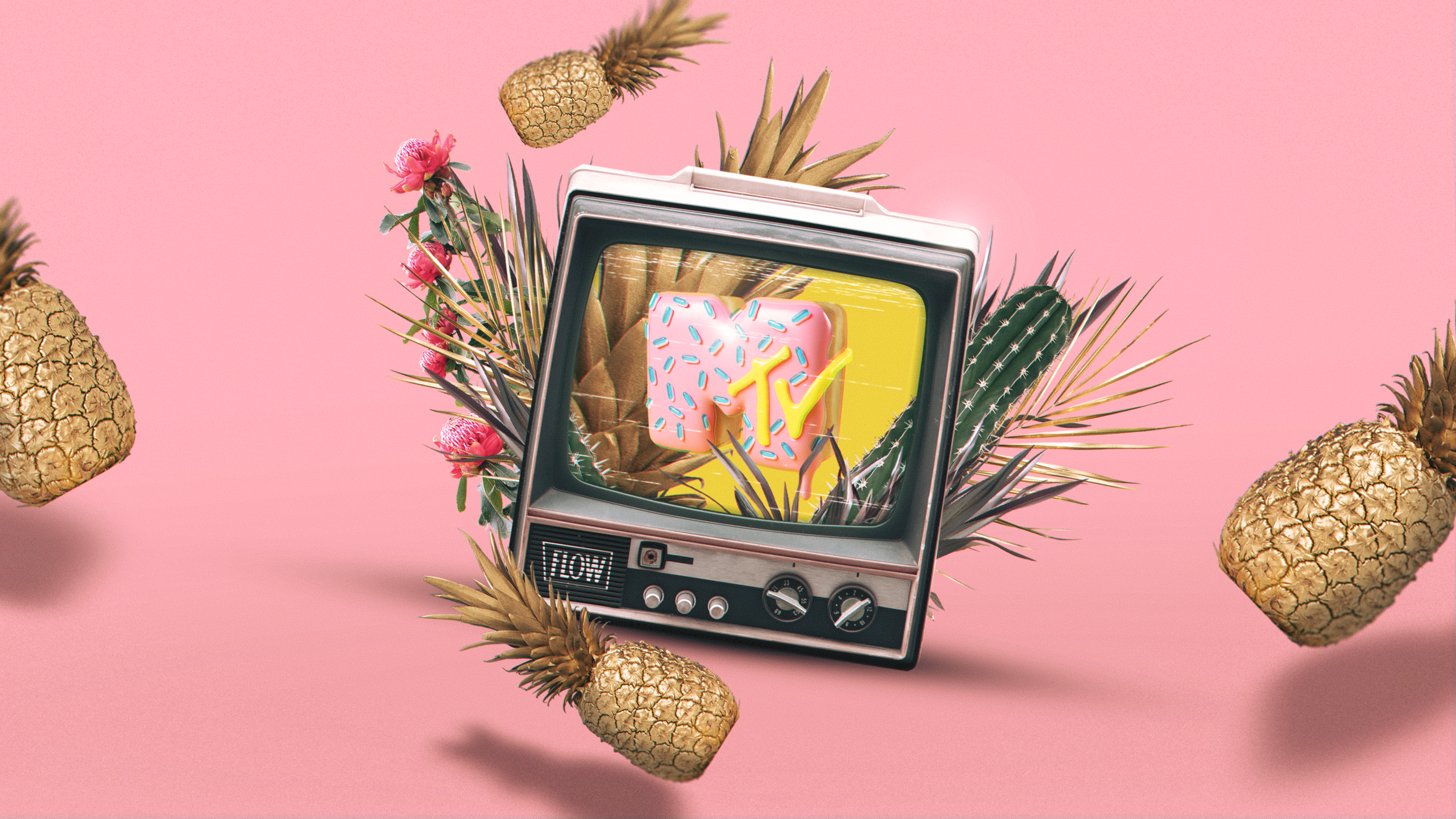Digital Pineapple Cactus Flowers MTV Music Pink Soft Shading Artwork 3D 3840x2160