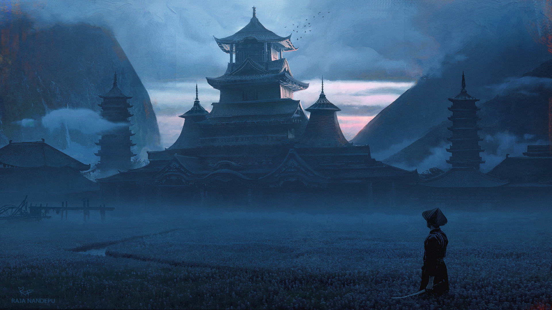 Digital Art Fantasy Art Building Artwork Asian Architecture Pagoda Samurai Katana Mist Field Clouds  1920x1080