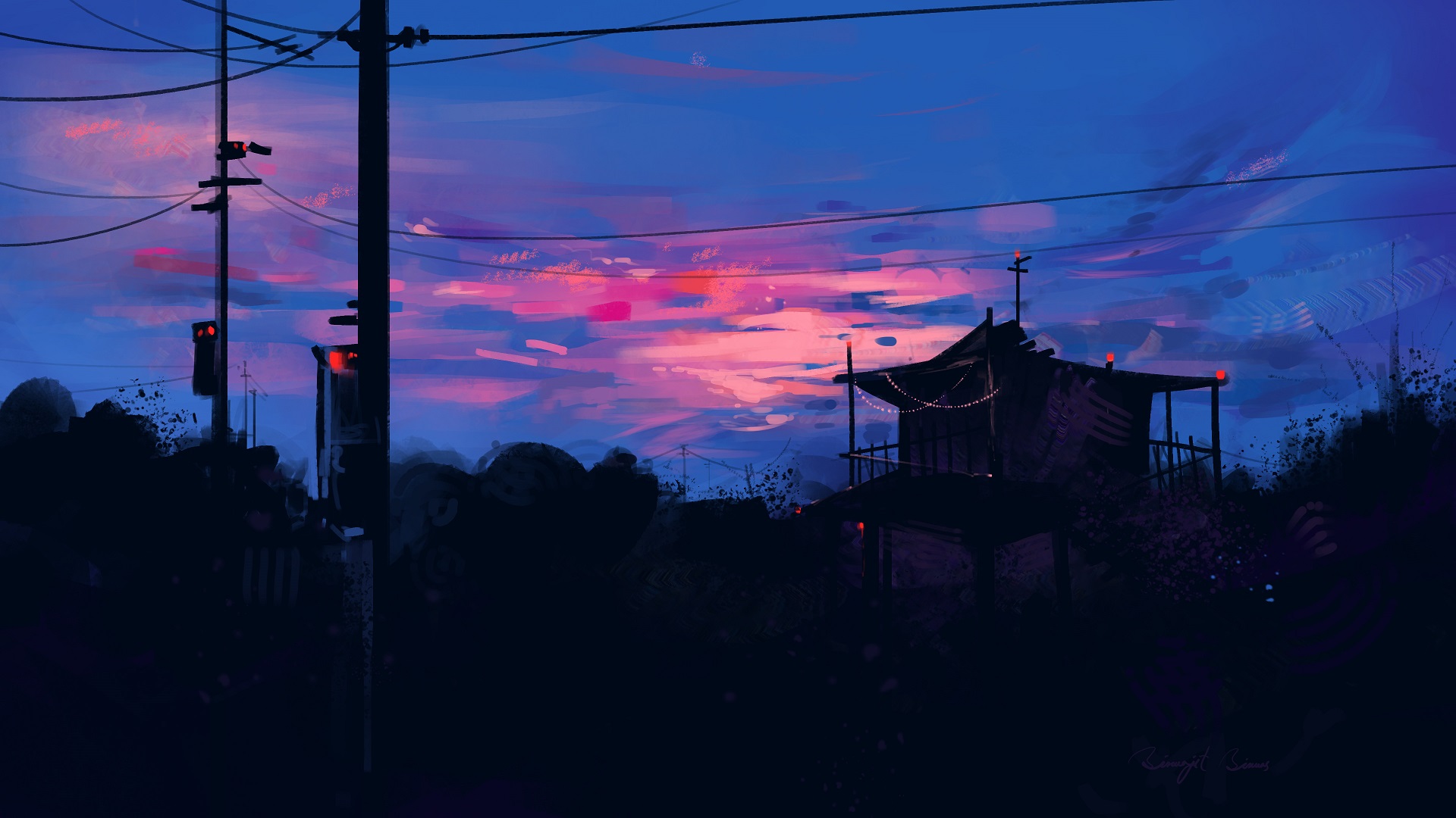 BisBiswas Artwork Traffic Lights Power Lines Dawn Shack 1920x1080