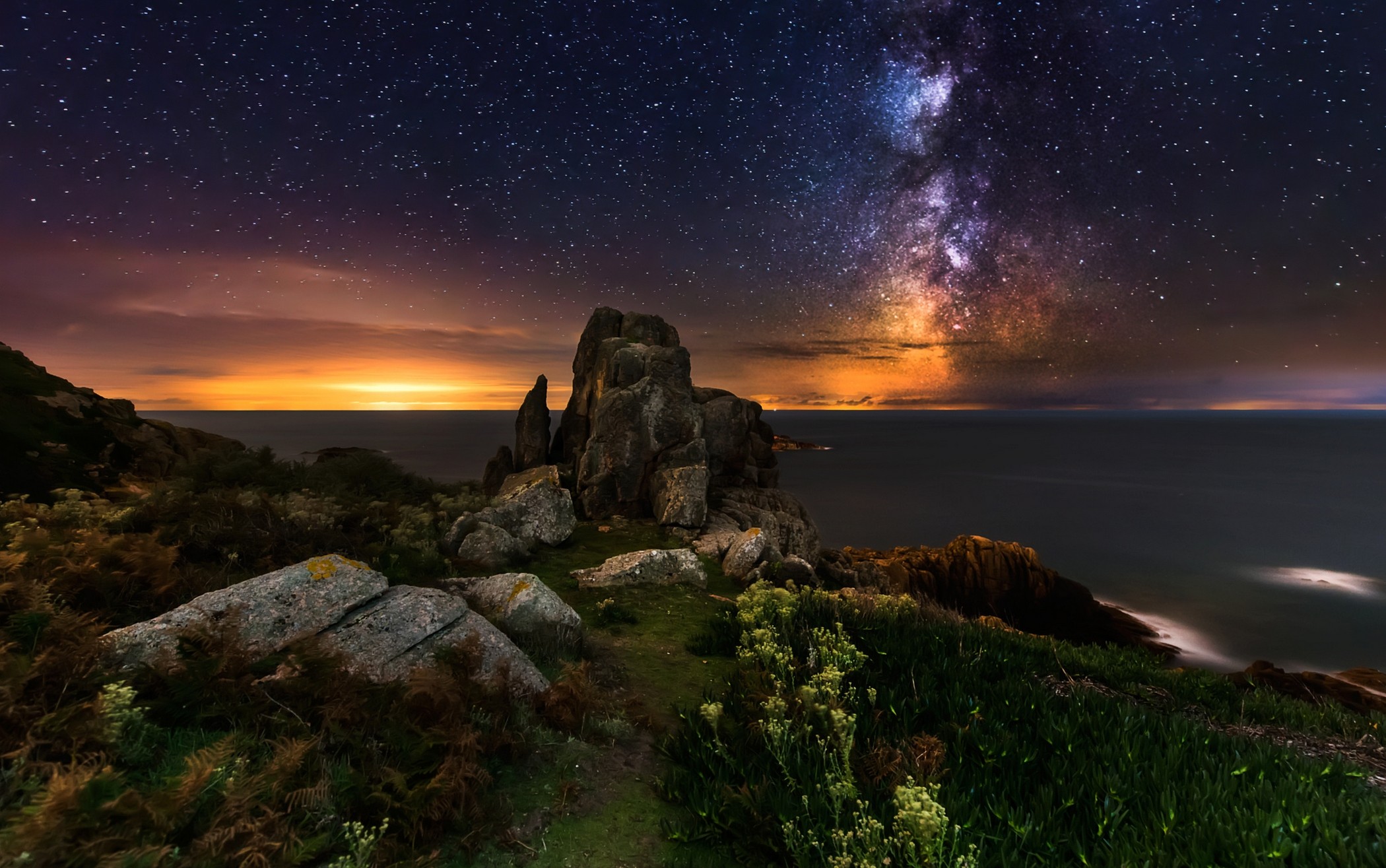 Nature Landscape Wildflowers Rock Sea Coast France Milky Way Galaxy Stars Long Exposure 2100x1315