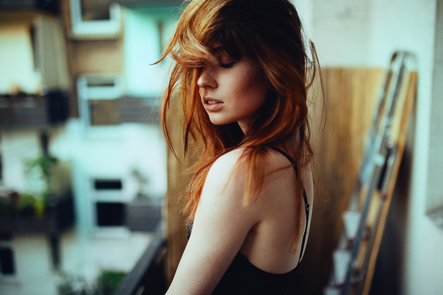 Women Closed Eyes Redhead Face Portrait Model Long Hair Bare Shoulders Balcony Open Mouth Windy Hair 1500x1000