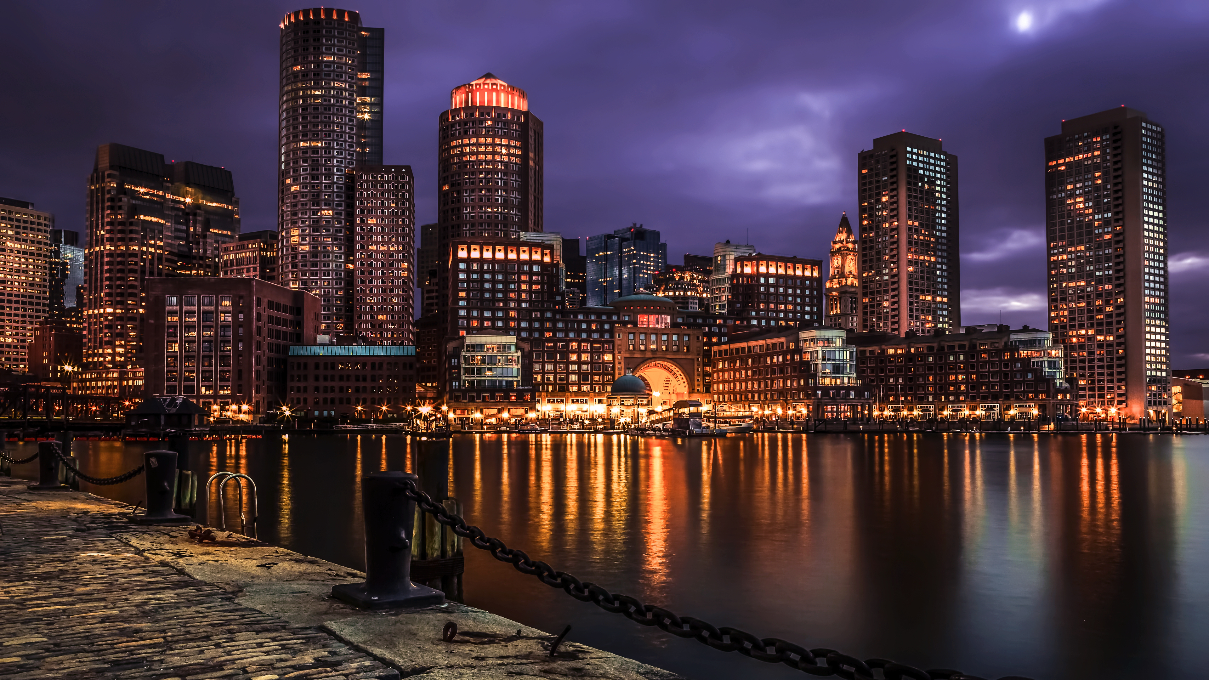 Cityscape USA Night Landscape Water Photography Boston Ports Overcast City Lights 3840x2160