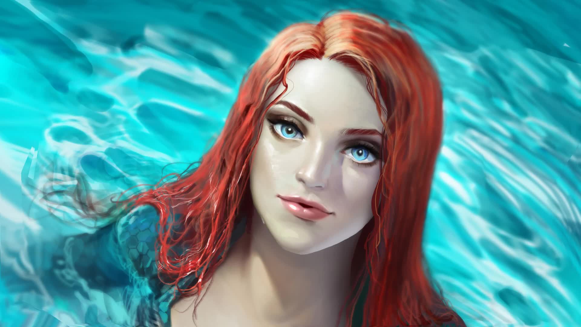 Artwork Women Redhead Blue Eyes Long Hair Water Sea Mera Aquaman DC Comics Fan Art Cyan 1920x1080