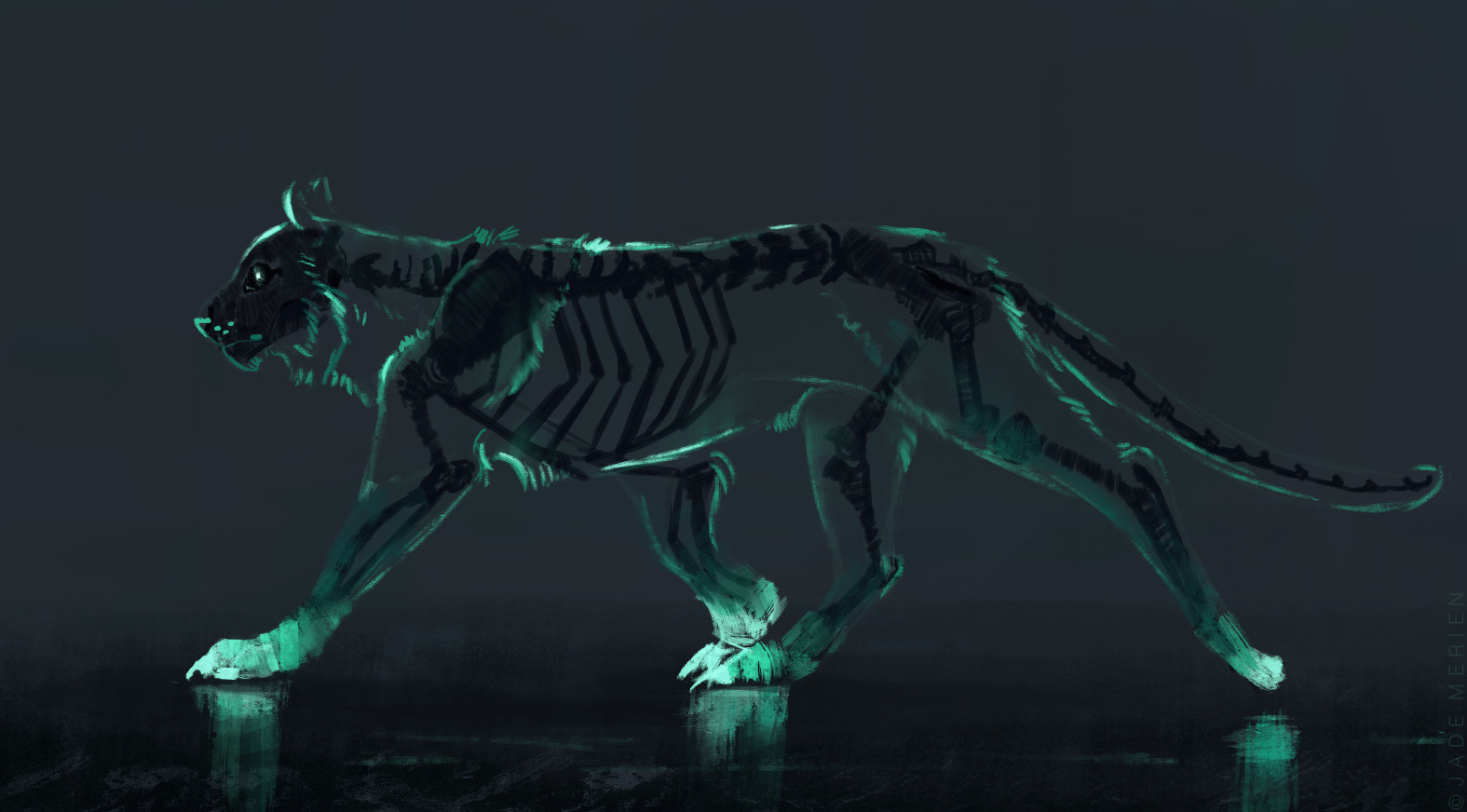 Jade Merien Artwork Fantasy Art Big Cats Animals Fictional Creatures Skeleton Turquoise Tiger 1575x872