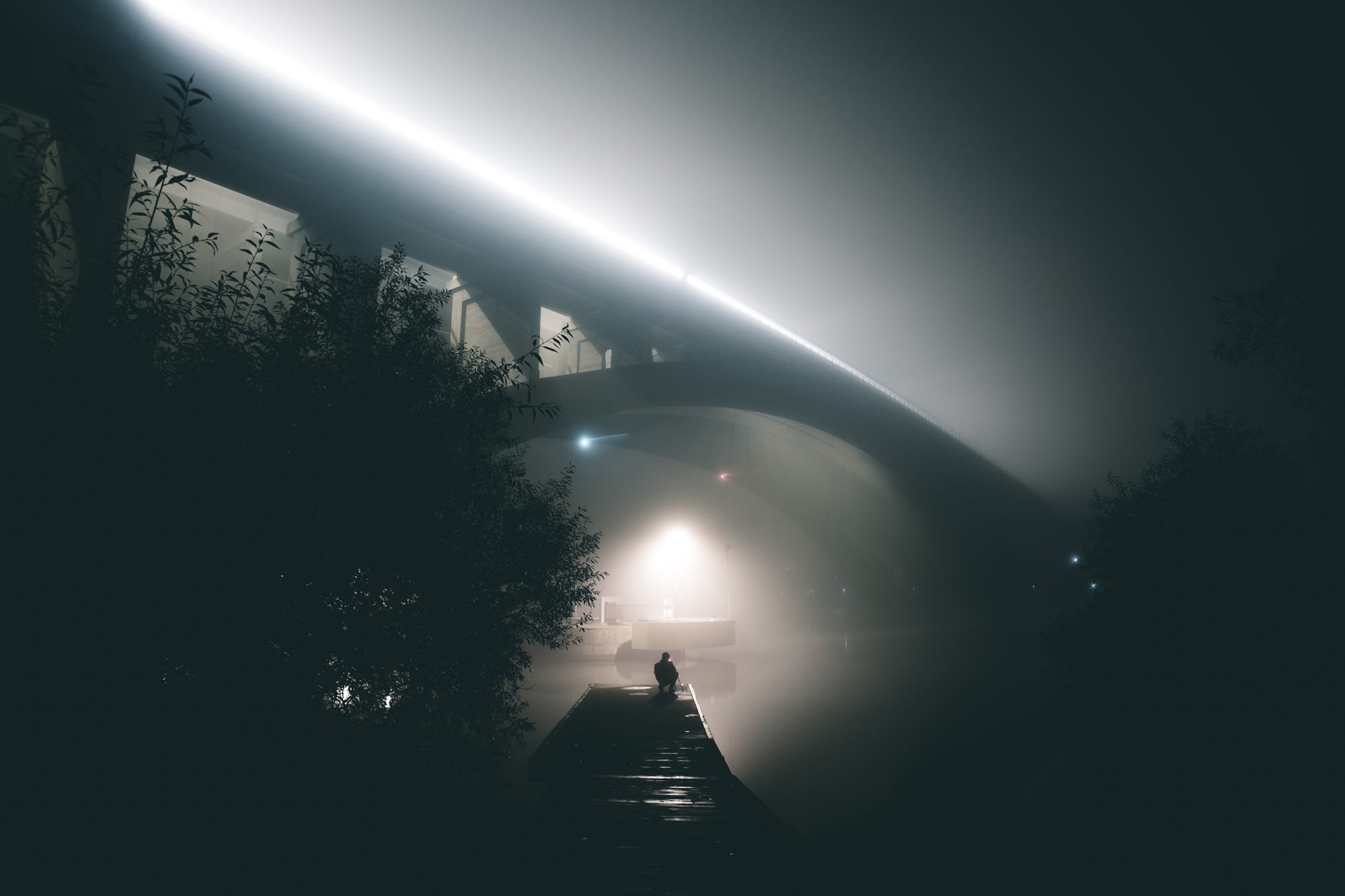 Long Exposure Lights Trees Night Dark River Mist Pier Bridge Men Solice 2000x1333