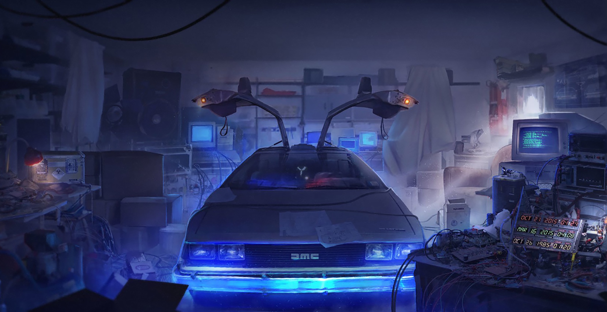 DeLorean Dark Movies Back To The Future Car Time Machine Vehicle Artwork Movie Vehicles Frontal View 2100x1080