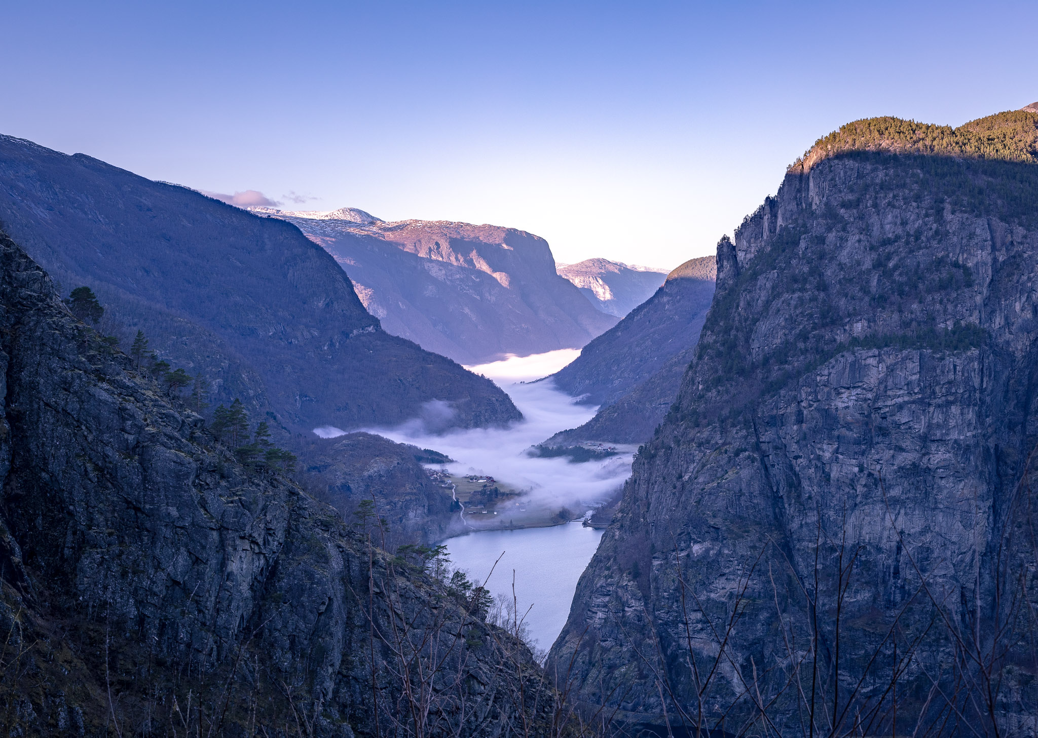 Gorge Mountains Clear Sky Mist Landscape Norway 2048x1457