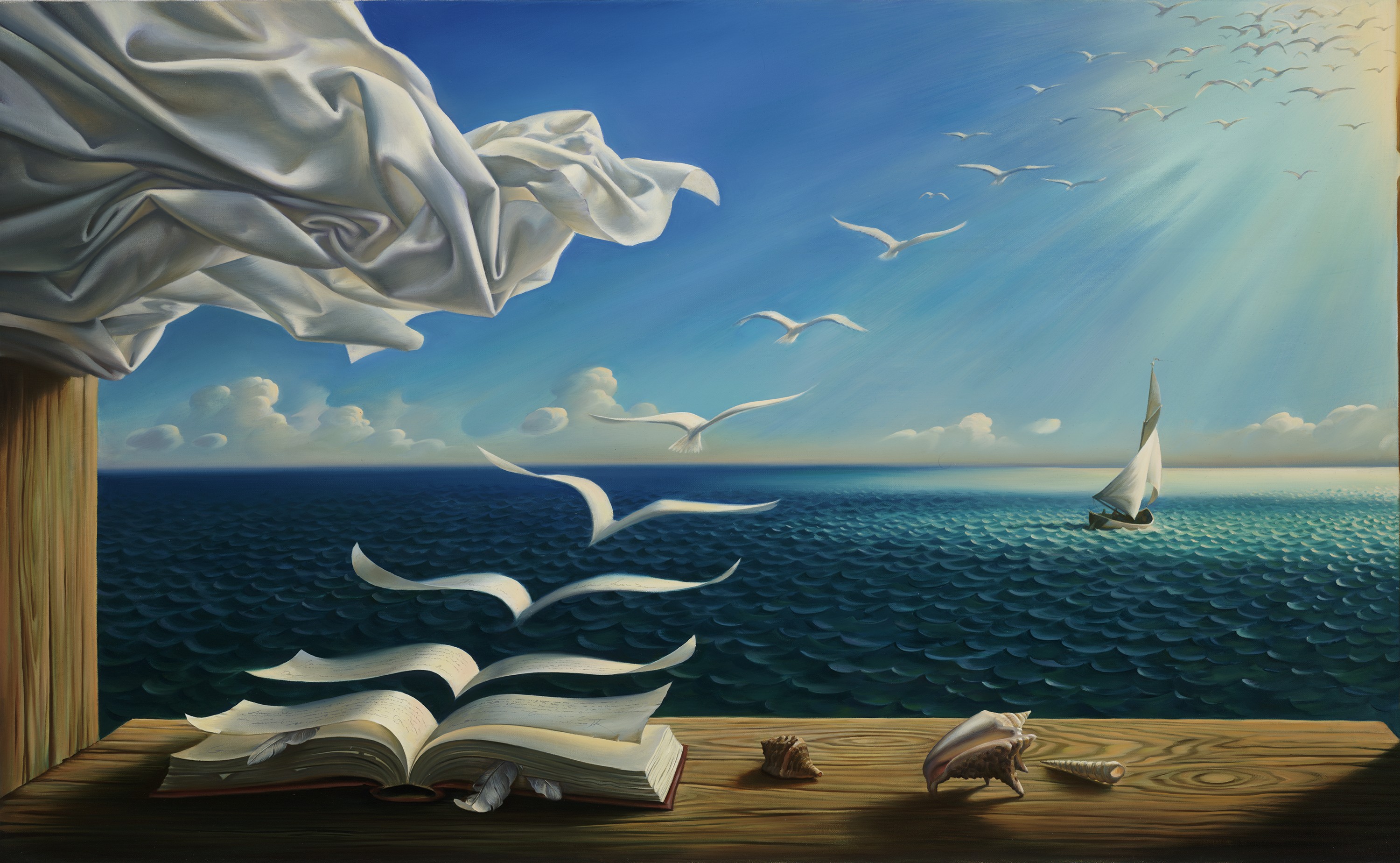 Digital Art Fantasy Art Nature Painting Sea Seashell Table Wood Curtains Feathers Clouds Sun Sunligh 3000x1848