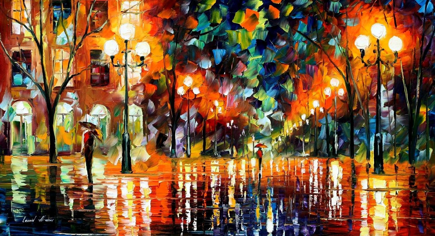 Street Colorful Umbrella Leonid Afremov Painting Artwork 1514x821
