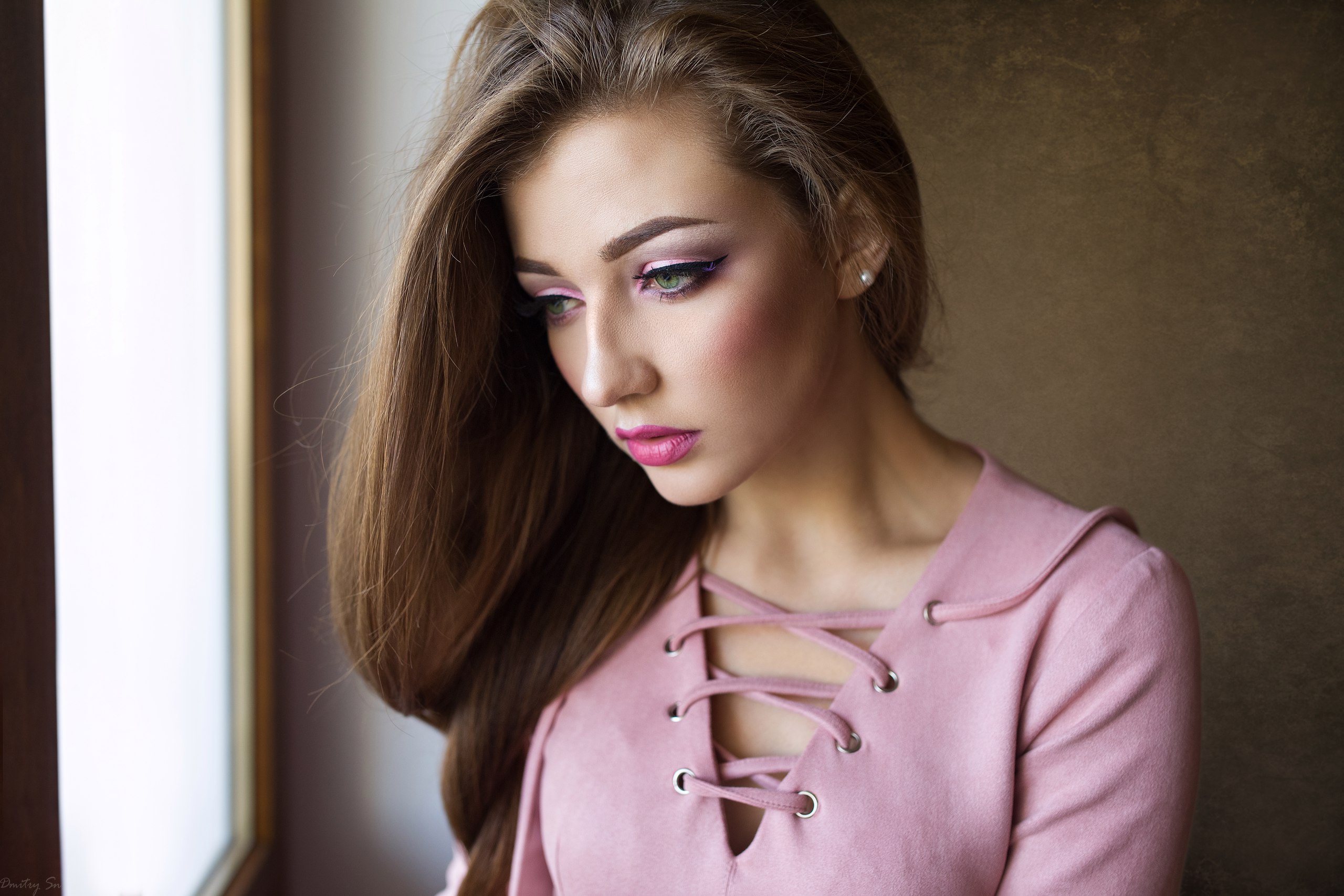 Dmitry Shulgin Women Makeup Portrait Model Pink Tops Pink Lipstick Looking Away Long Hair Depth Of F 2560x1707