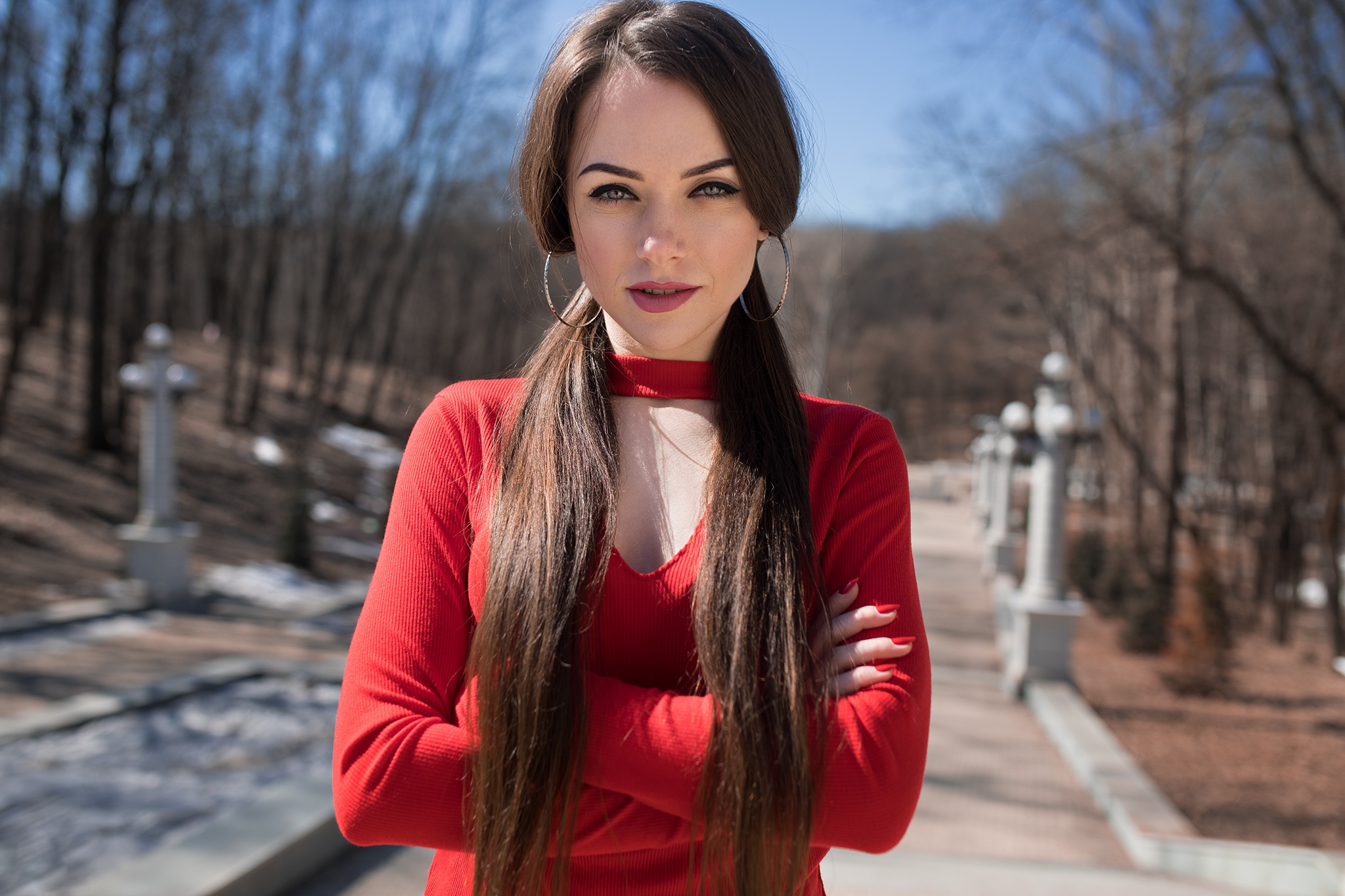 Ekaterina Kononova Dmitry Sn Women Model Brunette Twintails Long Hair Hoop Earrings Dress Red Dress  2048x1365