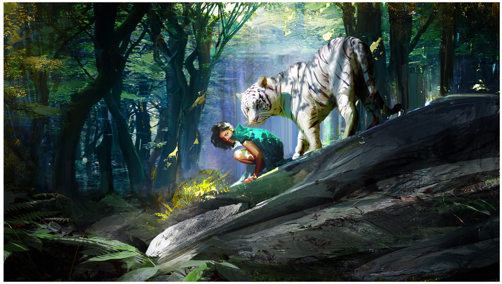 Jason Mejia Artwork Fantasy Art Nature Forest Trees Women Animals Big Cats White Tigers 1920x1086