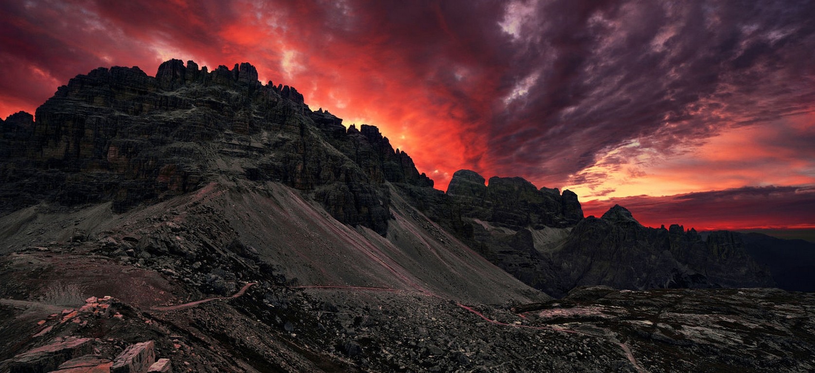 Photography Landscape Nature Mountains Morning Summer Sunlight Dirt Road Red Clouds Dolomites Mounta 1676x768