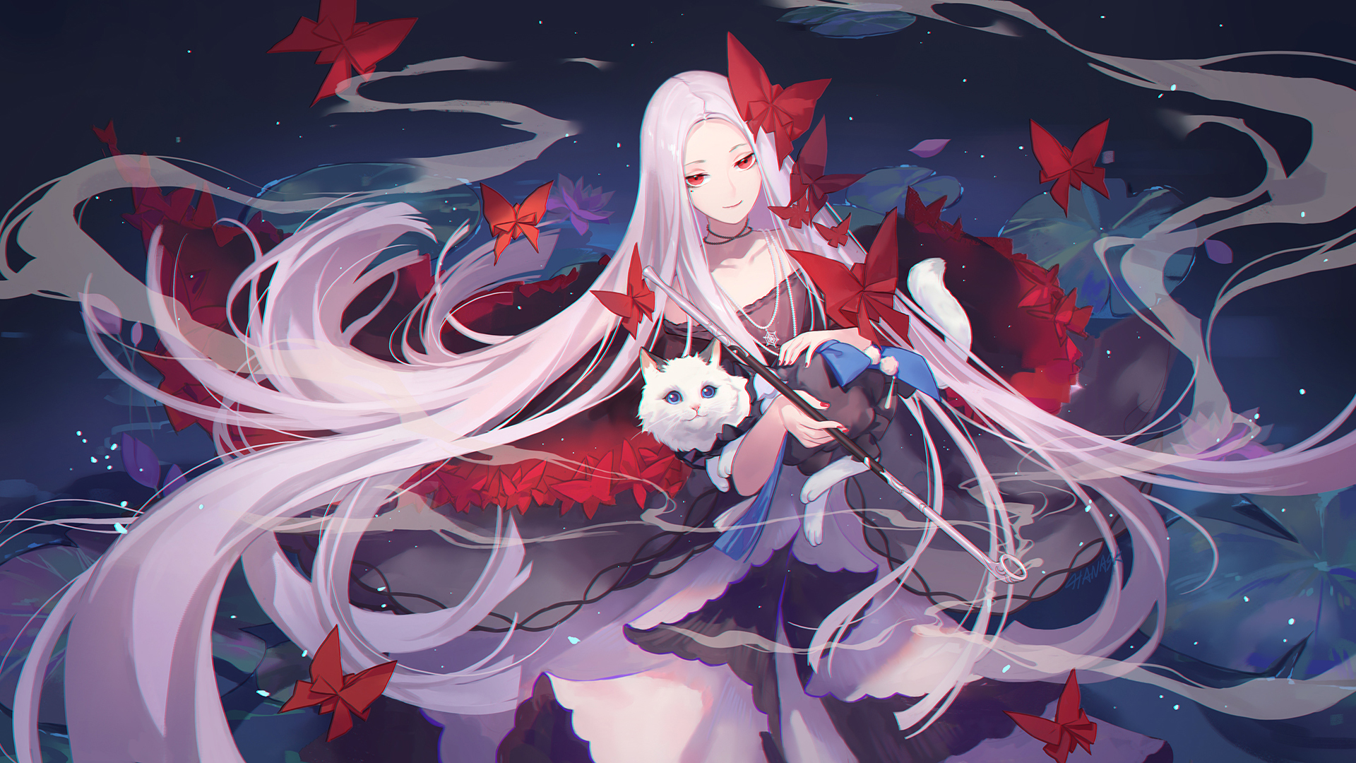 Butterfly Long Hair Cats Red Eyes Hanasa White Hair Forever 7th Capital 1920x1080