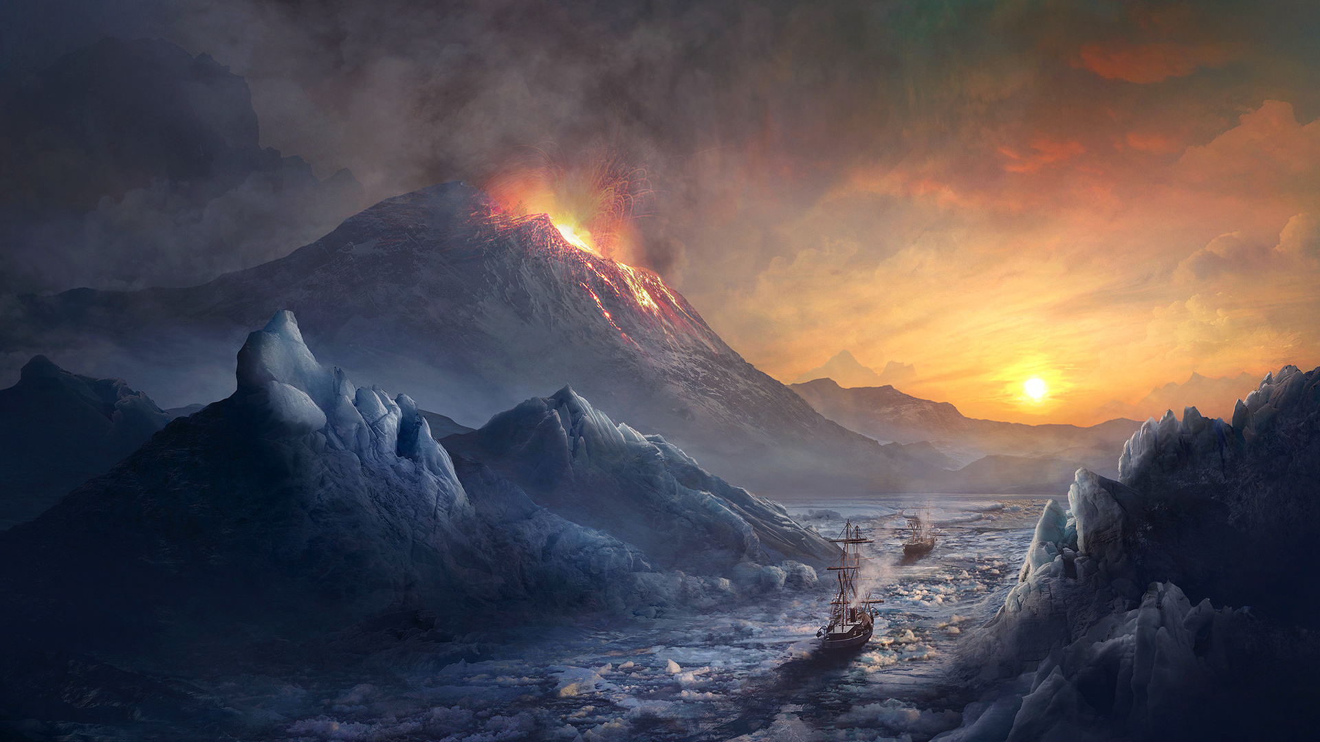 Guillem H Pongiluppi Digital Art Artwork Volcano Ship Sunset Ice Iceberg Sailing Mountains Landscape 1920x1080