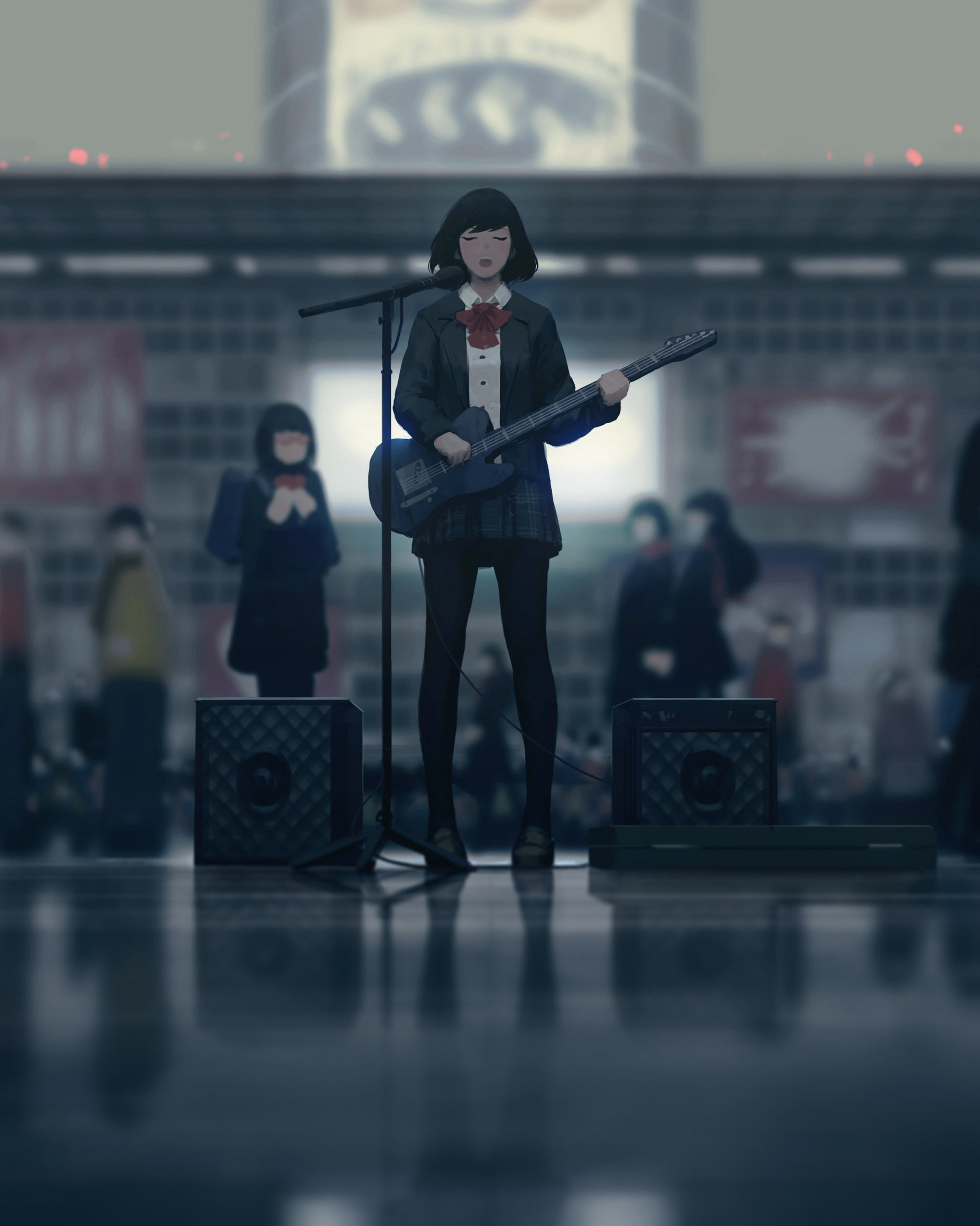Women Schoolgirl School Uniform Brunette Bangs Anime Girls Anime Singer Bass Guitars Electric Guitar 2000x2501
