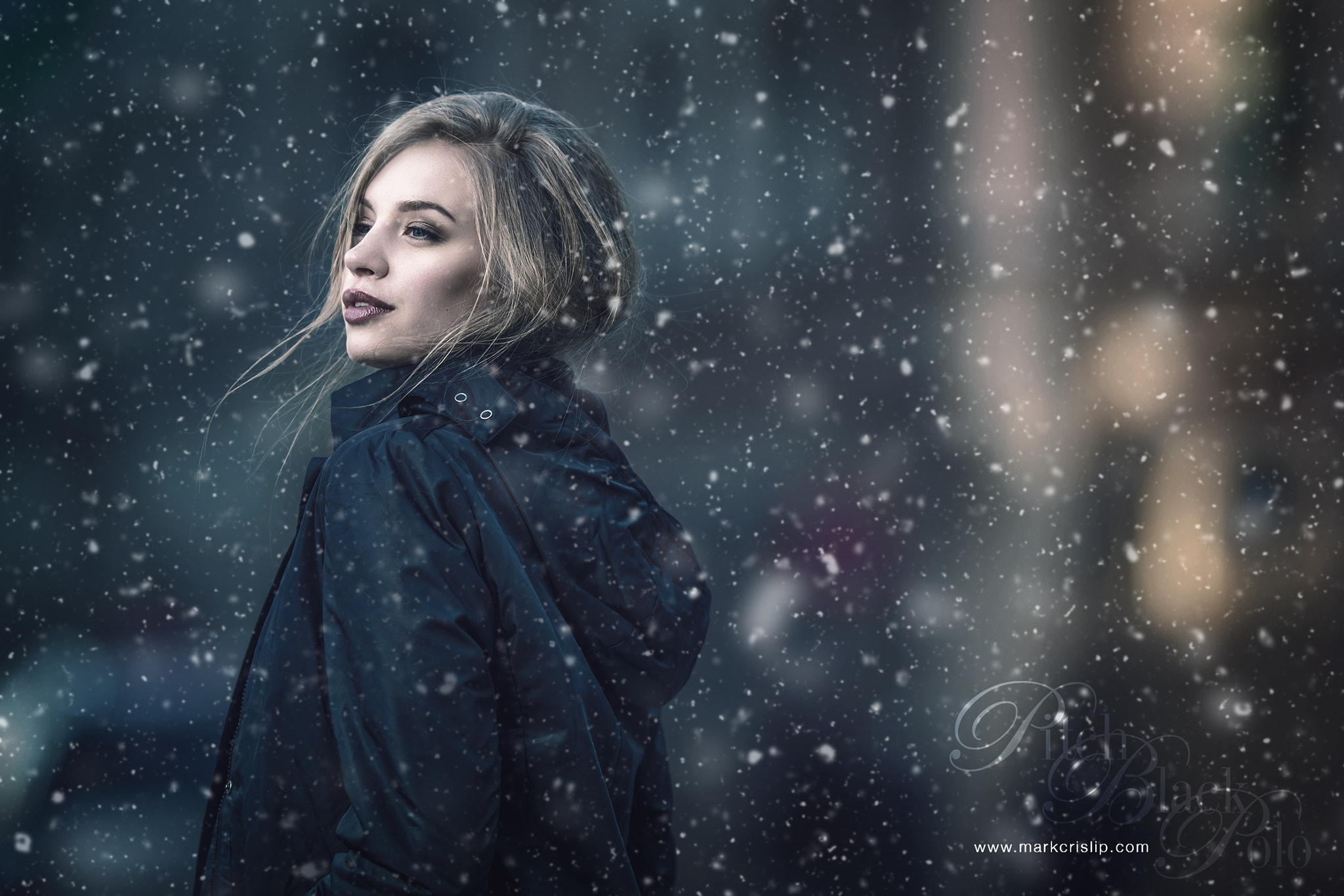 Women Mark Crislip Blonde Jacket Snowflakes Snow Open Mouth Red Lipstick Black Coat Coats 2048x1367