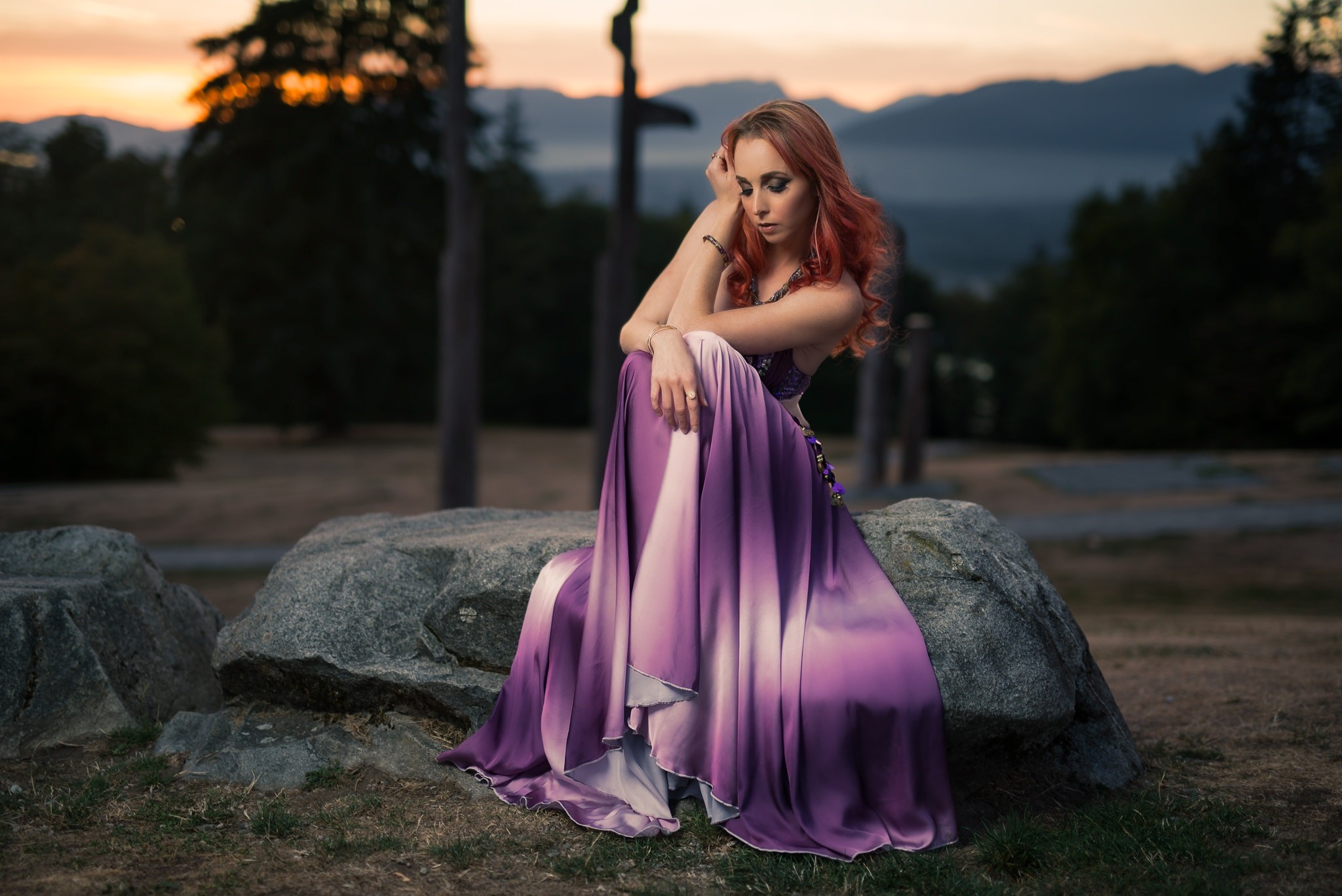 Kyle Cong Purple Dresses Women Outdoors Redhead 500px Women Model Sitting 2048x1367