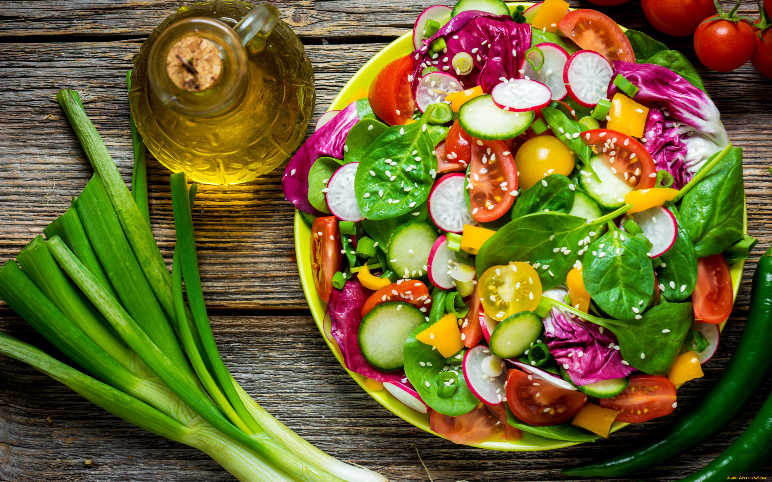 Food Colorful Salad Vegetables Olive Oil Radish Lettuce Seeds Wooden Surface Cucumbers 2560x1600