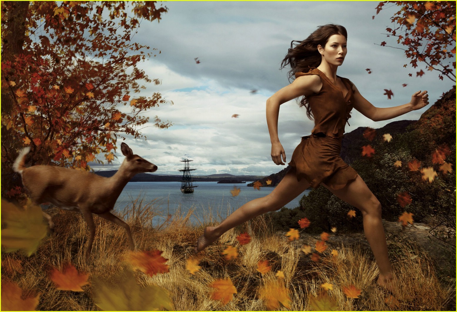 Jessica Biel Women Actress Brunette Annie Leibovitz Pocahontas Running Women Outdoors Barefoot 1555x1062