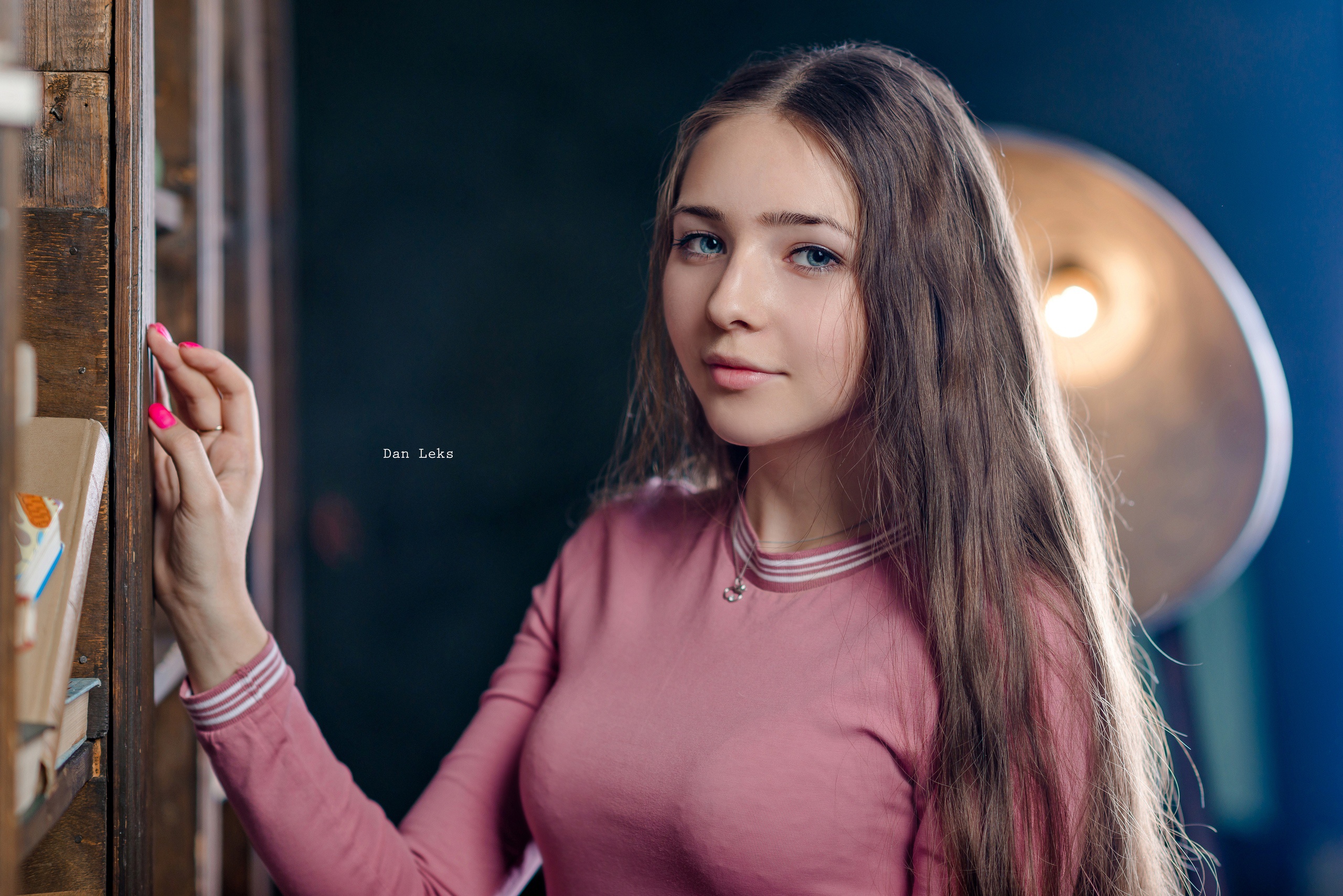 Portrait Women Model Painted Nails Long Hair Brunette Pink Sweater Blue Eyes Smiling 2560x1708